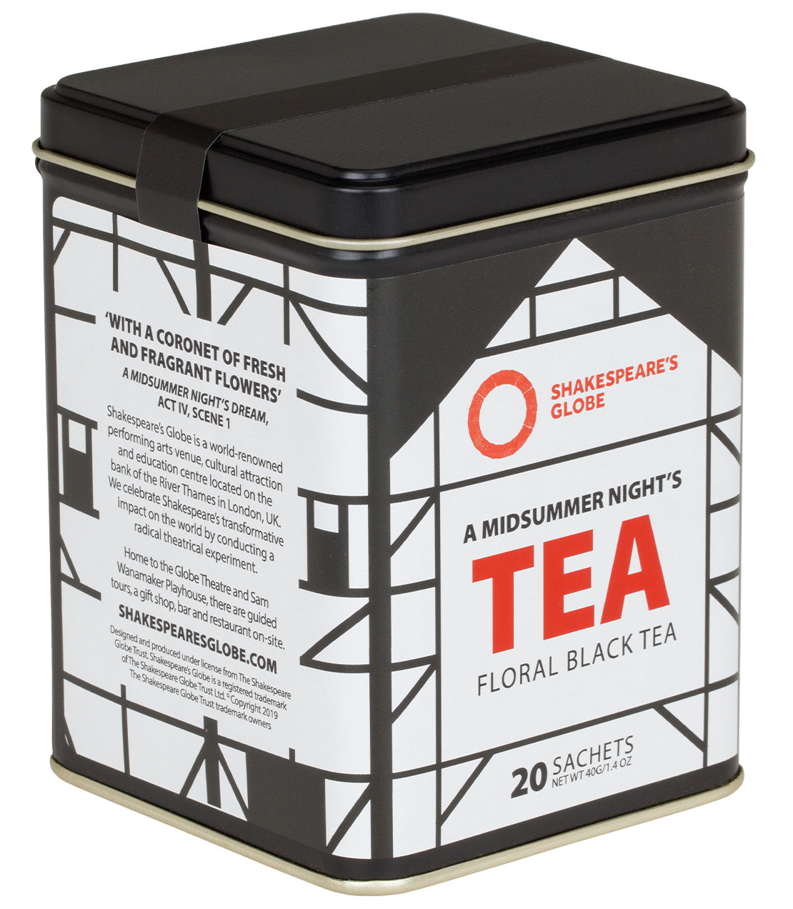 Tin of 20 sachets of A Midsummer Night's Tea from Shakespeare's Globe, featuring floral black tea packaging.