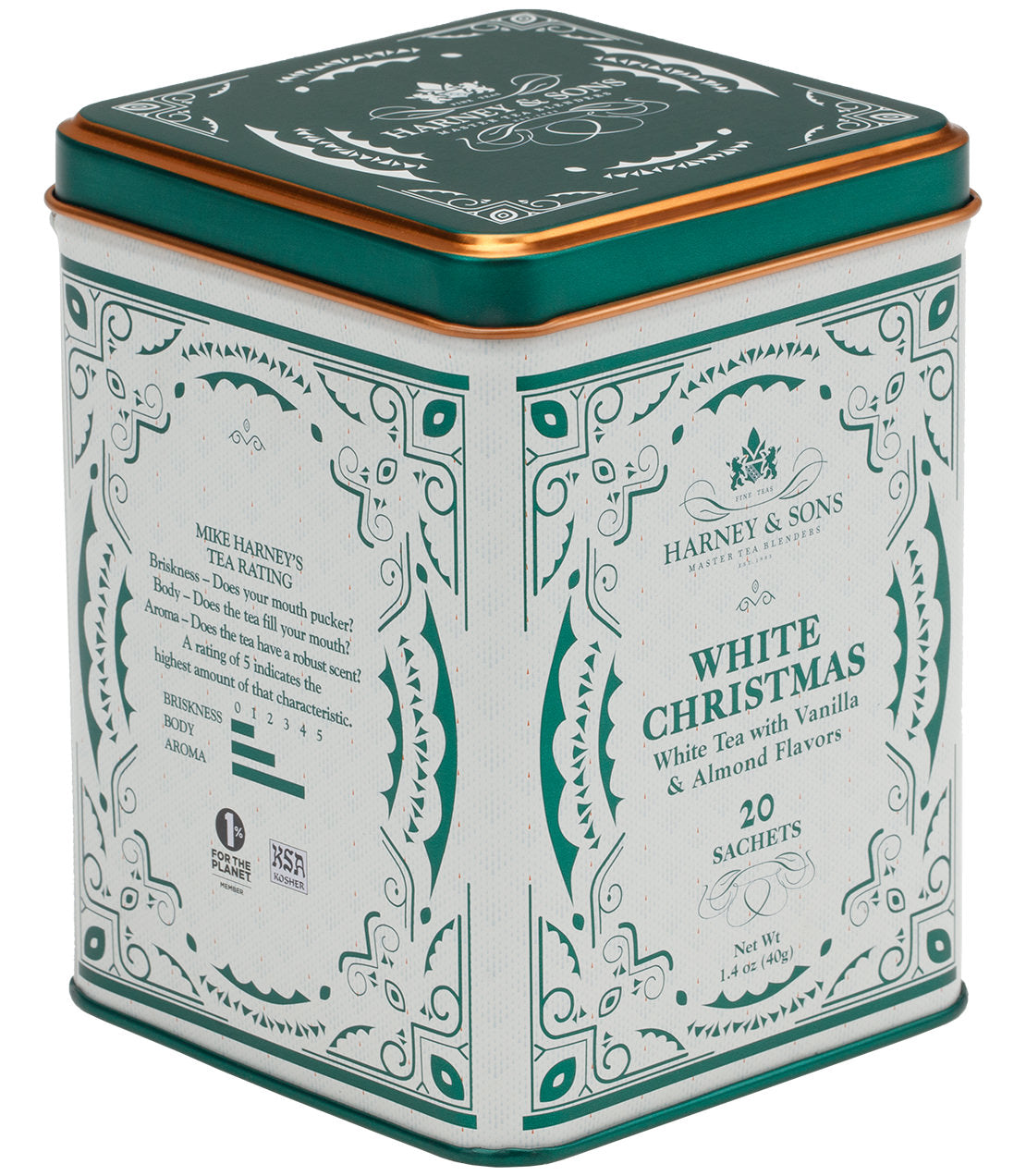 Green and white tin of Harney & Sons White Christmas Tea, containing 20 sachets with vanilla and almond flavors.