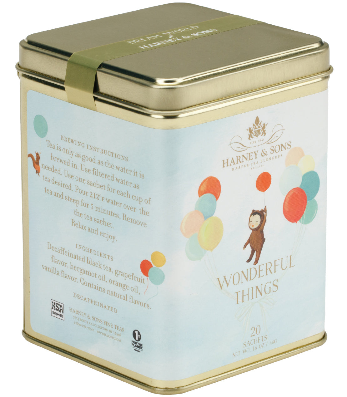 Tin of 20 sachets of "Wonderful Things" tea by Harney & Sons, featuring a playful monkey and colorful balloons.
