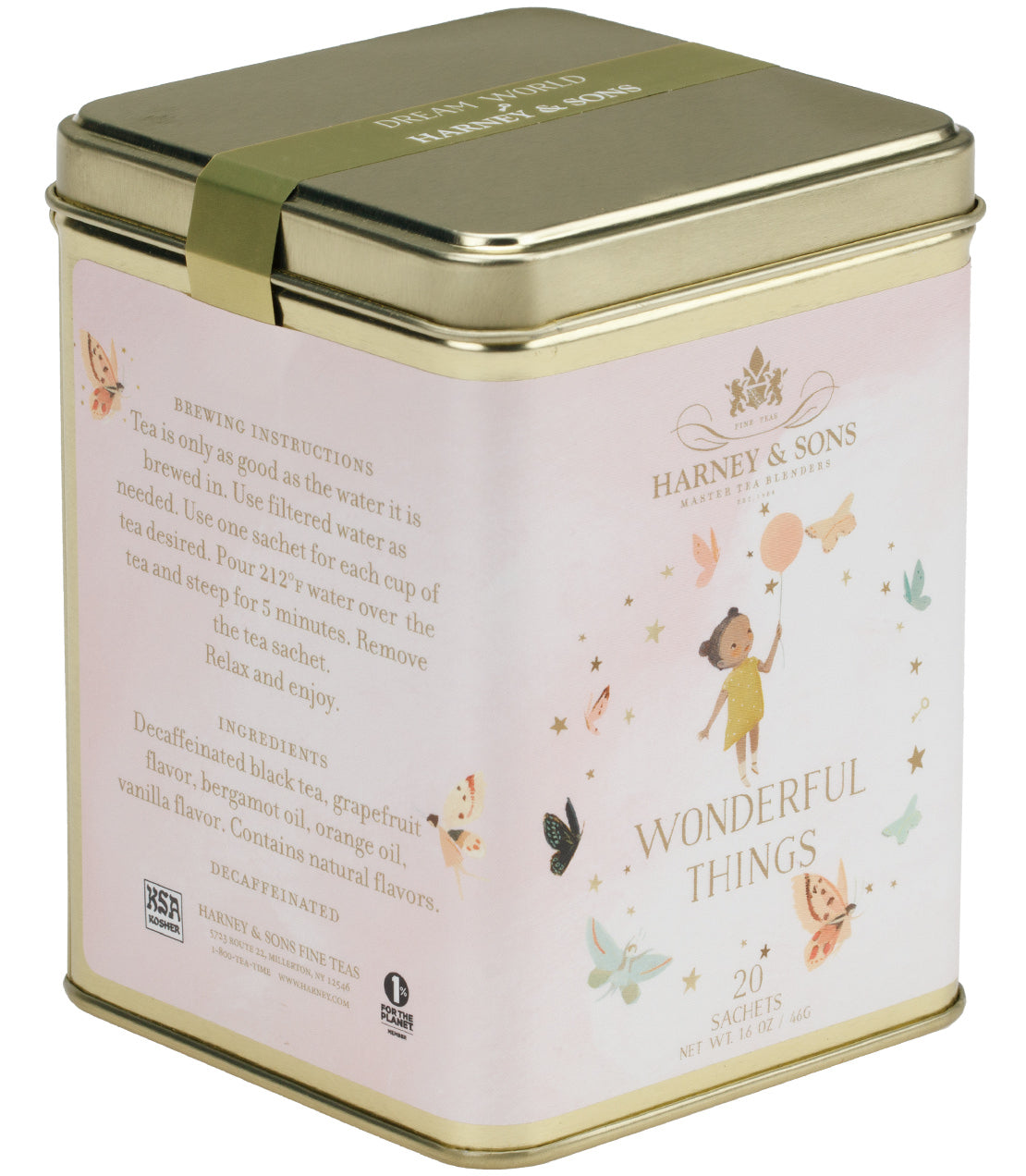 Tin of 20 sachets of "Wonderful Things" tea by Harney & Sons, featuring brewing instructions and ingredients.