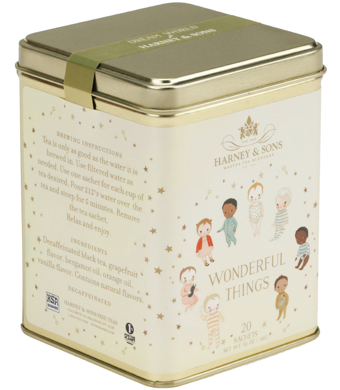 "Harney & Sons Wonderful Things tea tin, featuring 20 sachets, with brewing instructions and ingredient details.
