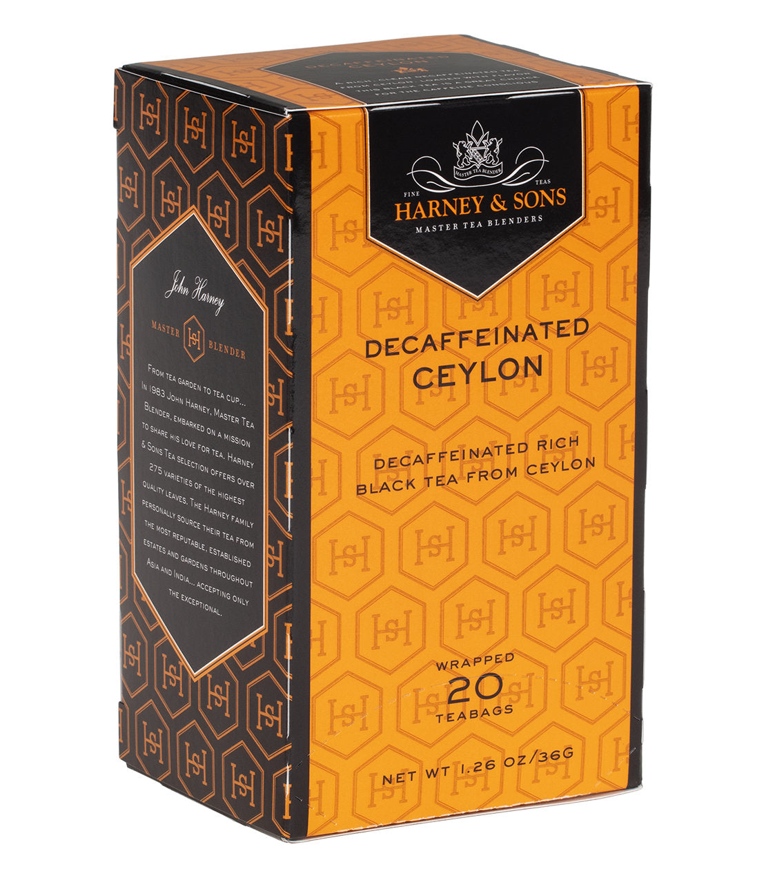 Box of 20 premium decaf Ceylon teabags by Harney & Sons, featuring rich black tea from Ceylon.