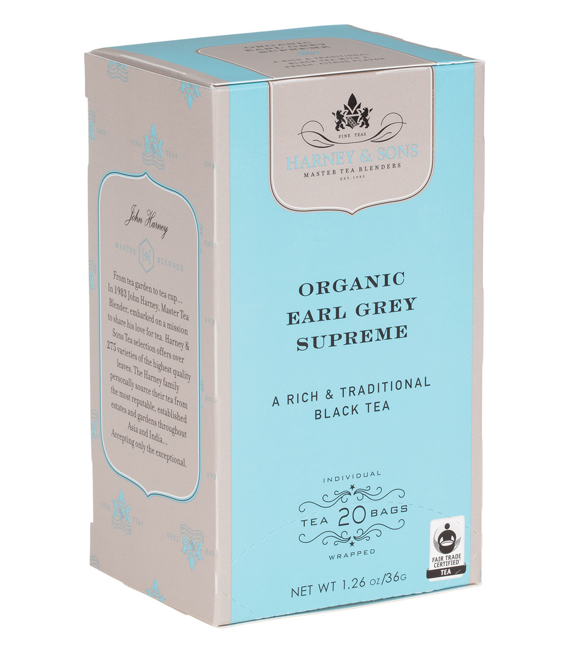 Box of 20 premium Organic Earl Grey Supreme teabags, featuring a rich black tea blend with elegant packaging.