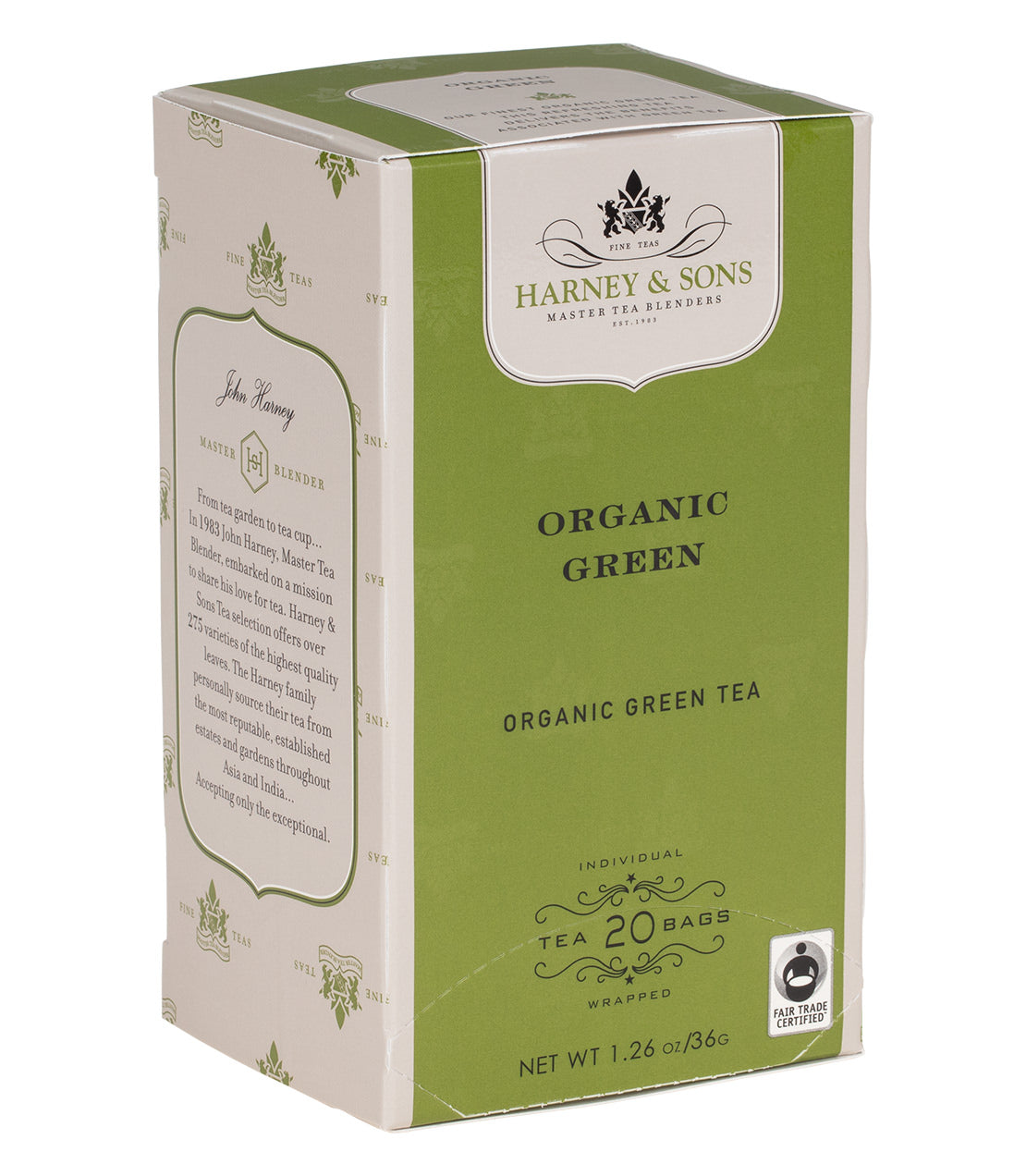 Box of 20 premium organic green tea bags by Harney & Sons, featuring elegant packaging design.