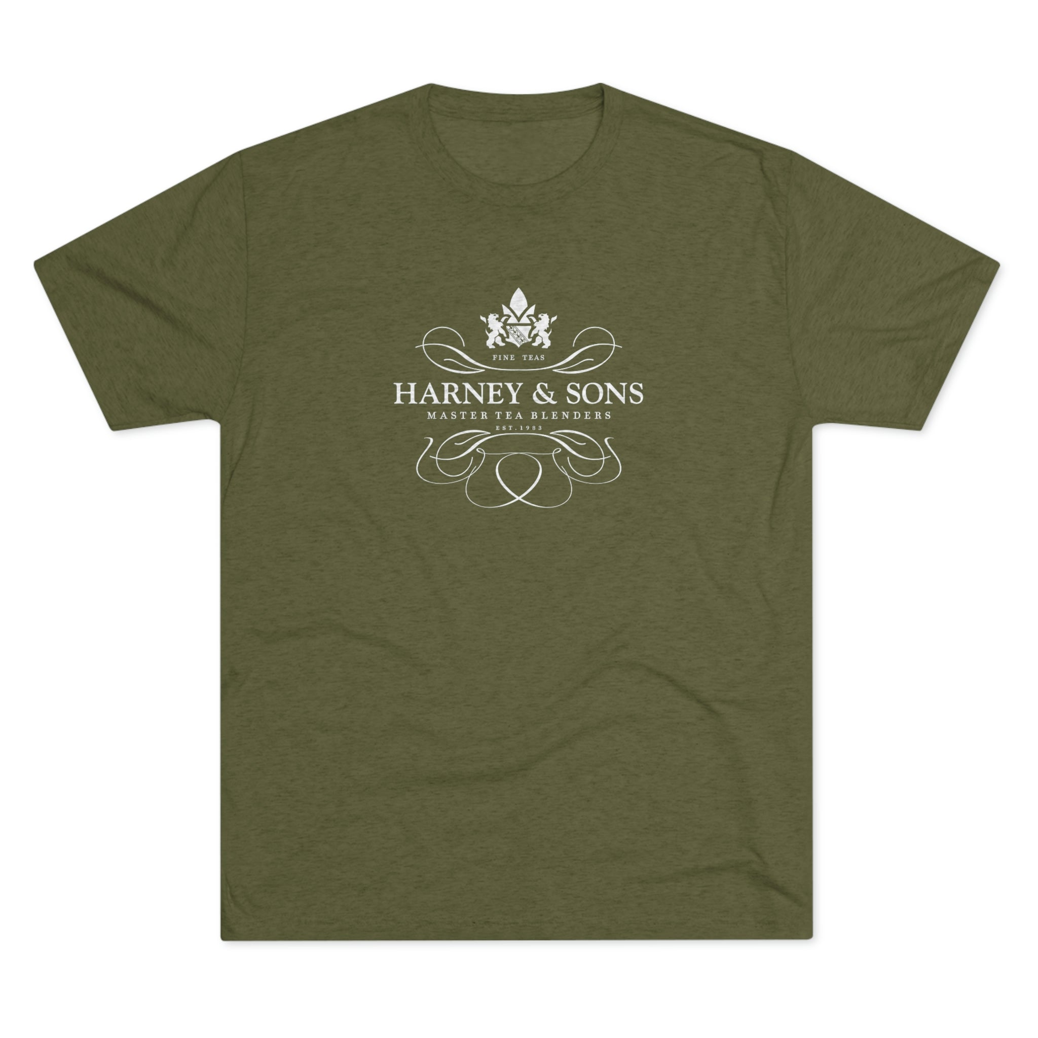 Olive green graphic tee featuring the Harney & Sons logo with elegant design and "Master Tea Blenders" text.
