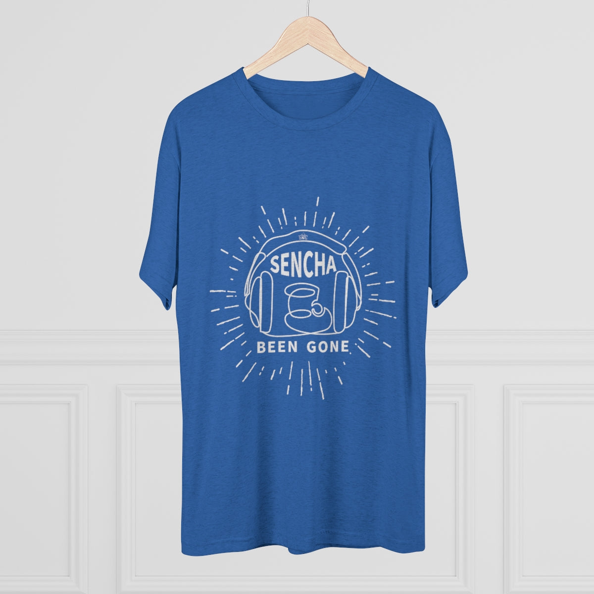 Blue graphic tee featuring "Sencha Been Gone" text and a design of headphones, perfect for casual wear.