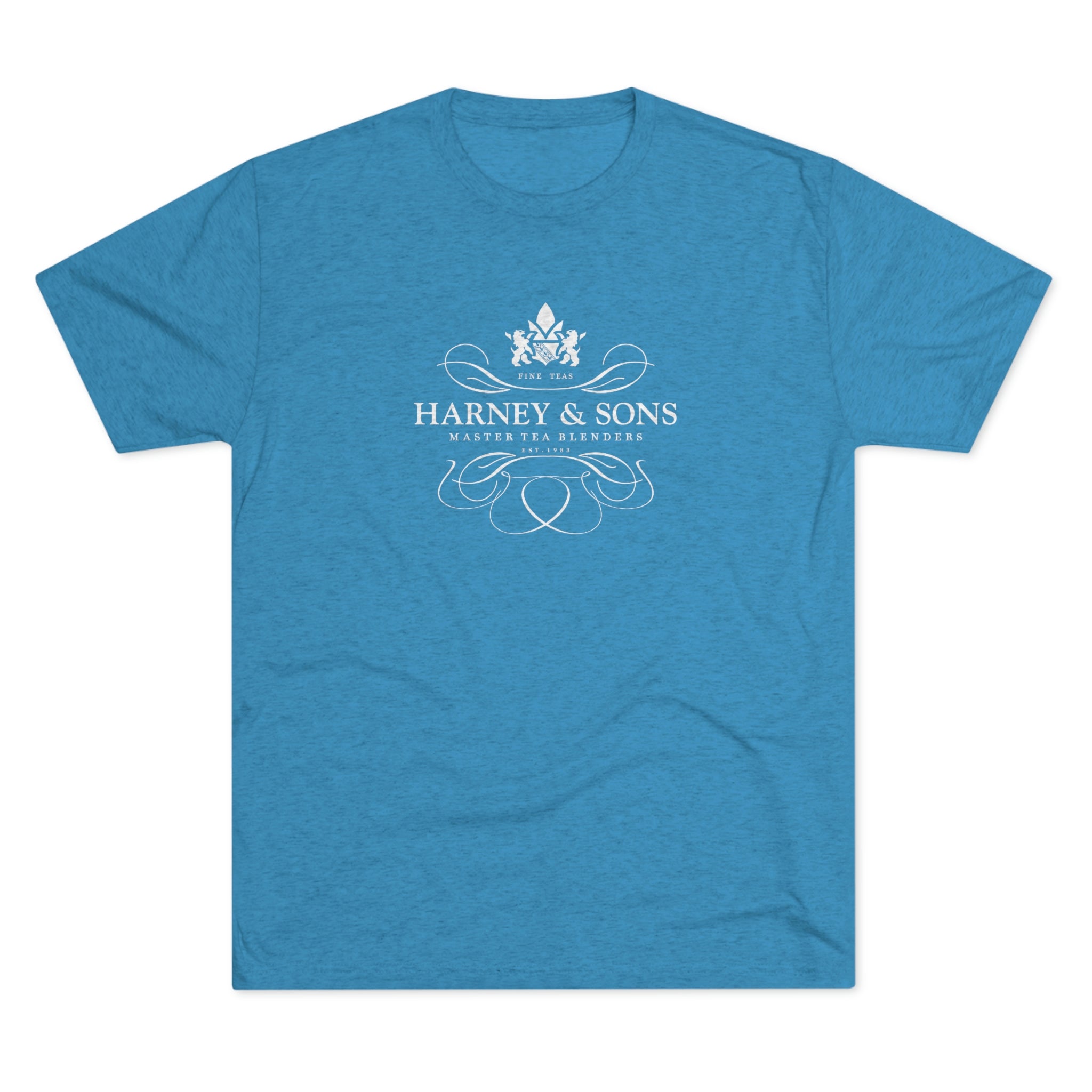 Blue graphic tee featuring the Harney & Sons logo with elegant design elements and text. Perfect for tea lovers.