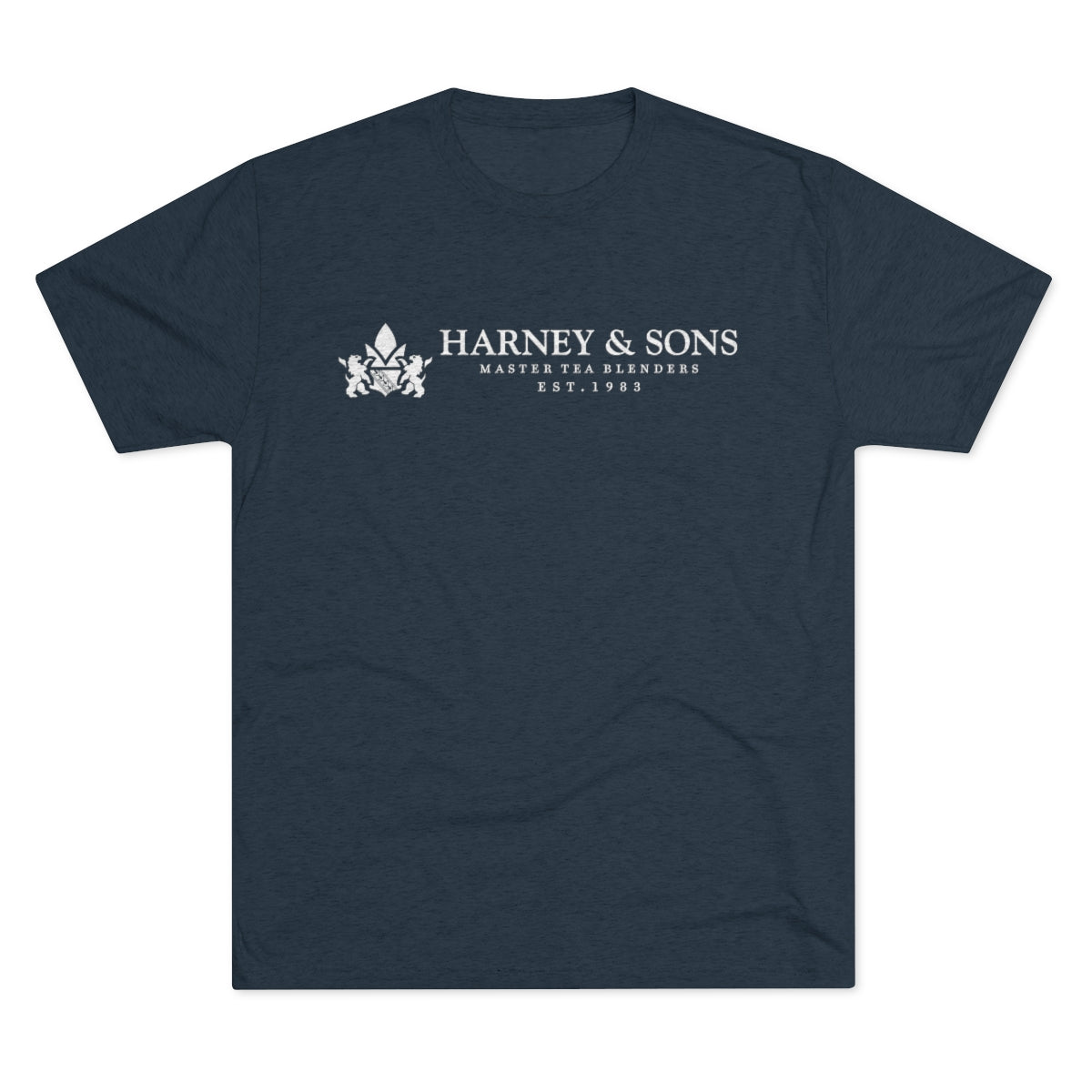 Navy graphic tee featuring "Harney & Sons Master Tea Blenders Est. 1983" in white text. Perfect for tea lovers.