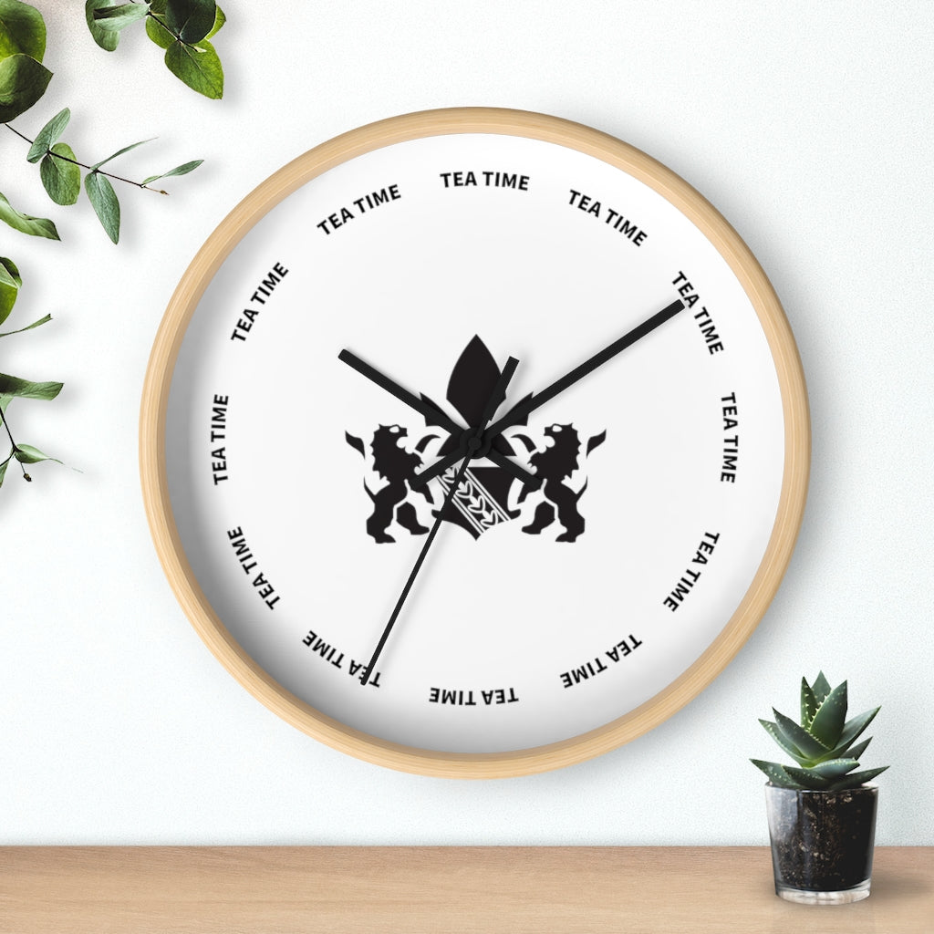 Stylish wall clock featuring a tea time theme, black lions, and minimalist design with wooden frame.