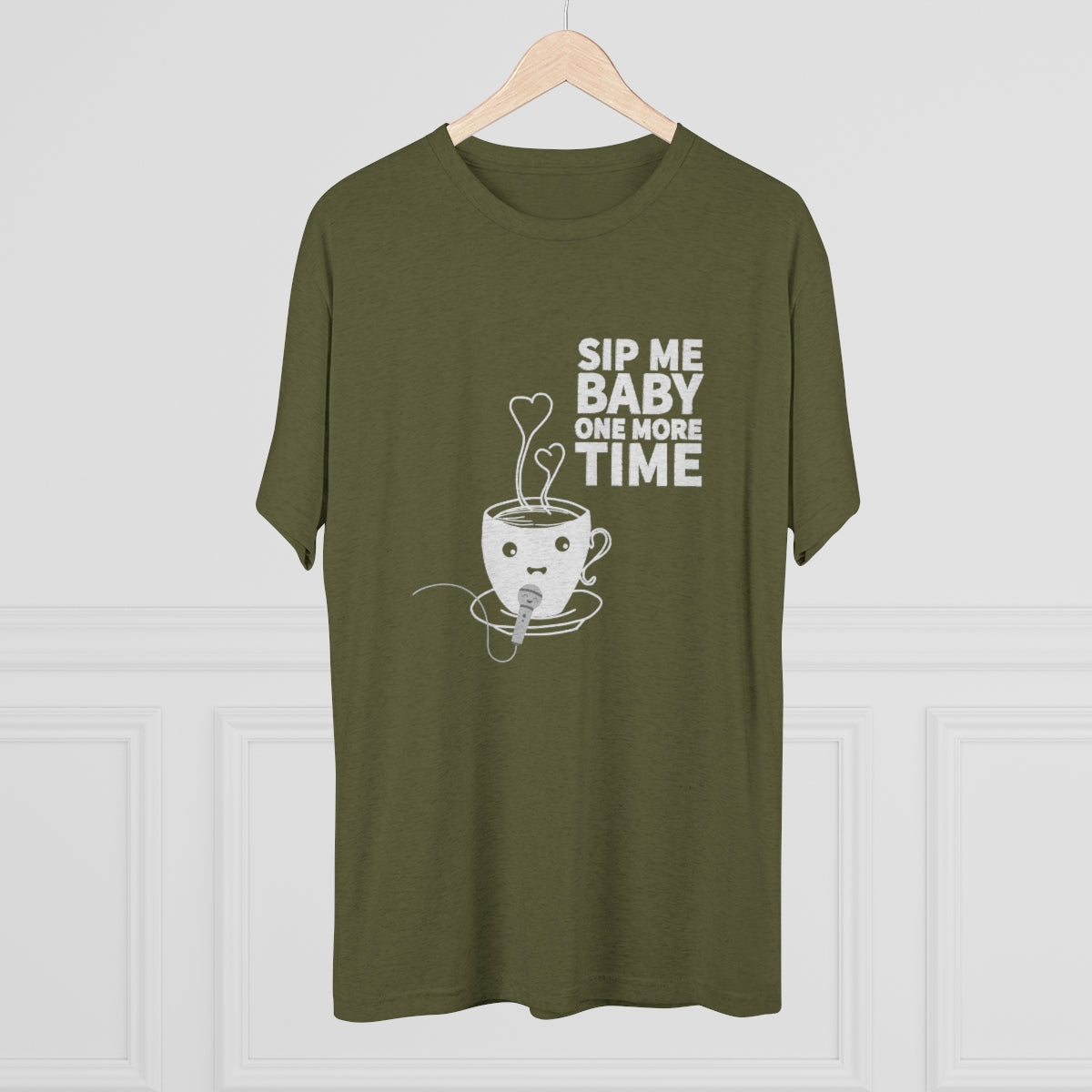 Olive green graphic tee featuring a cute coffee cup design with the text "Sip Me Baby One More Time.