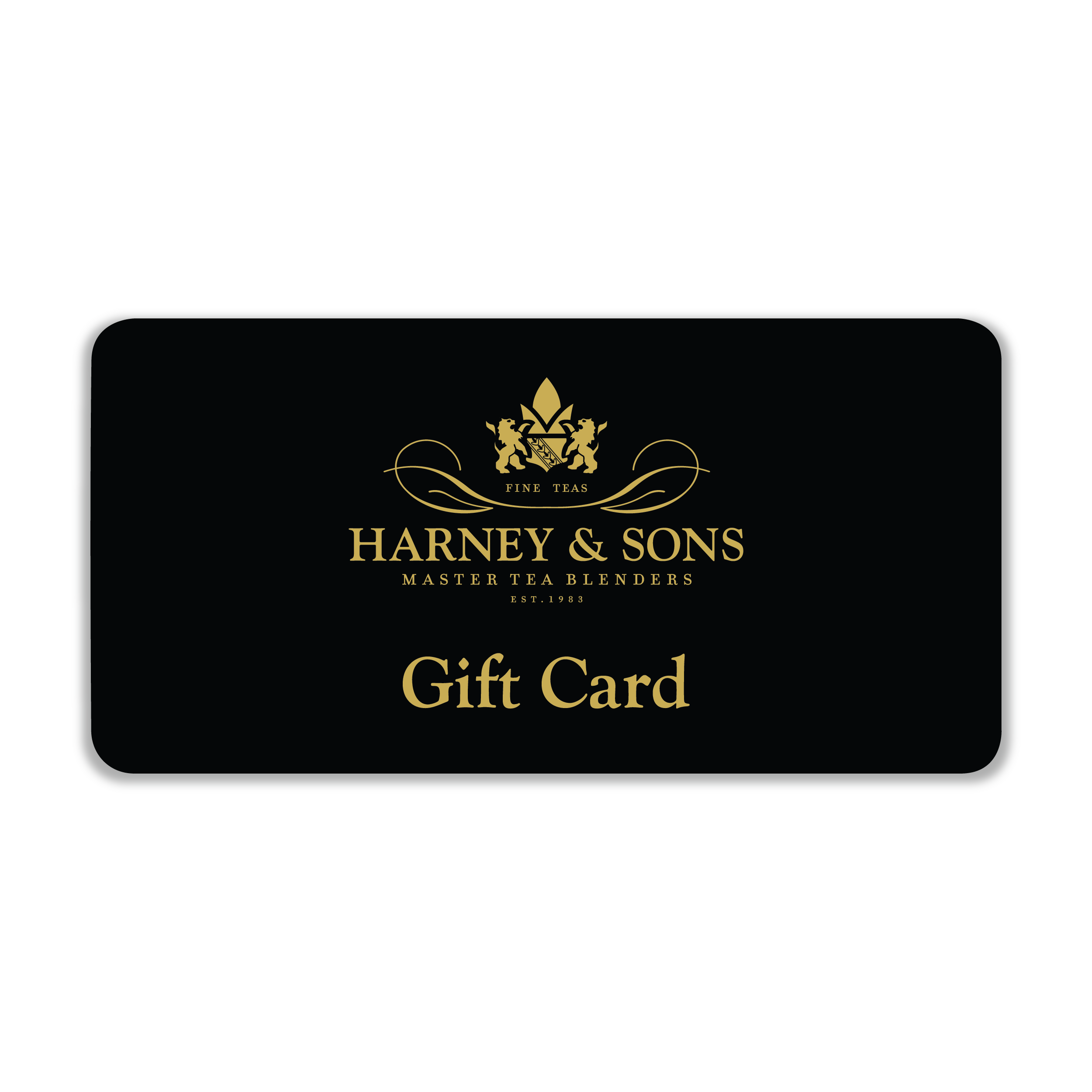 Harney & Sons digital gift card featuring elegant logo and "Gift Card" text on a black background.