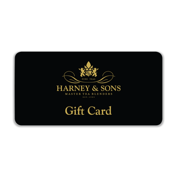 Harney & Sons digital gift card featuring elegant logo and "Gift Card" text on a black background.