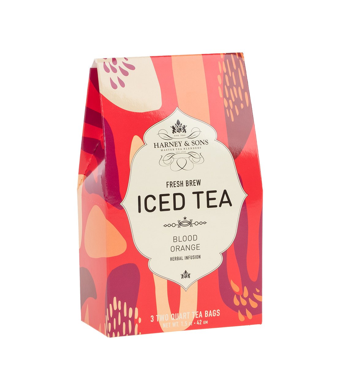 Brightly designed box of Harney & Sons Blood Orange Iced Tea, featuring vibrant colors and herbal infusion details.