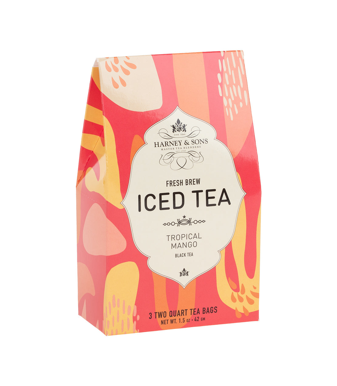 Colorful packaging of Harney & Sons Tropical Mango Fresh Brew Iced Tea, featuring vibrant designs and tea bag details.