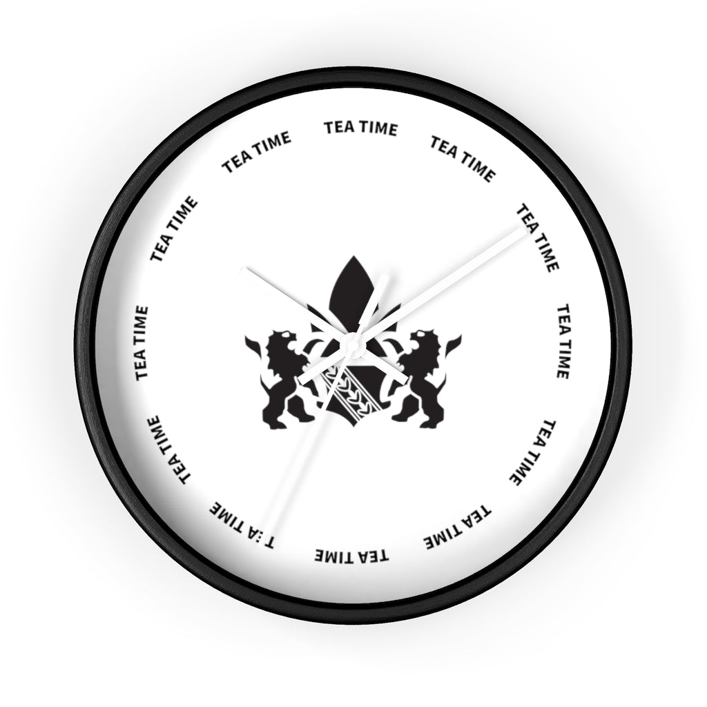 Black wall clock featuring a minimalist design with "TEA TIME" text and a central emblem.