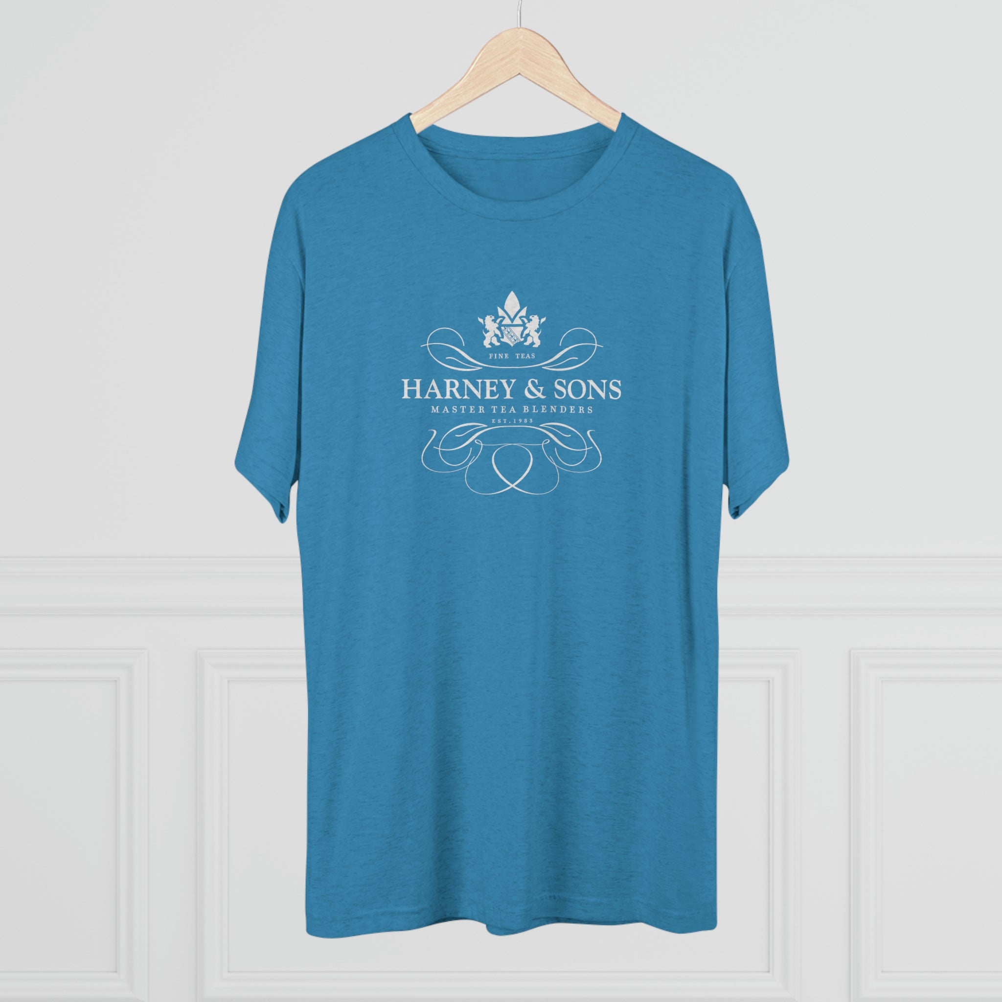 Blue graphic tee featuring the Harney & Sons logo, showcasing a stylish design for tea enthusiasts.