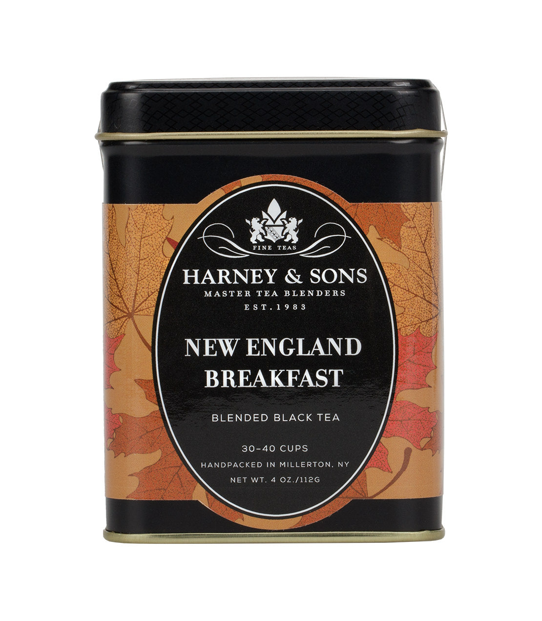 Harney & Sons New England Breakfast tea tin, 4 oz, featuring a black tea blend with autumn leaf design.