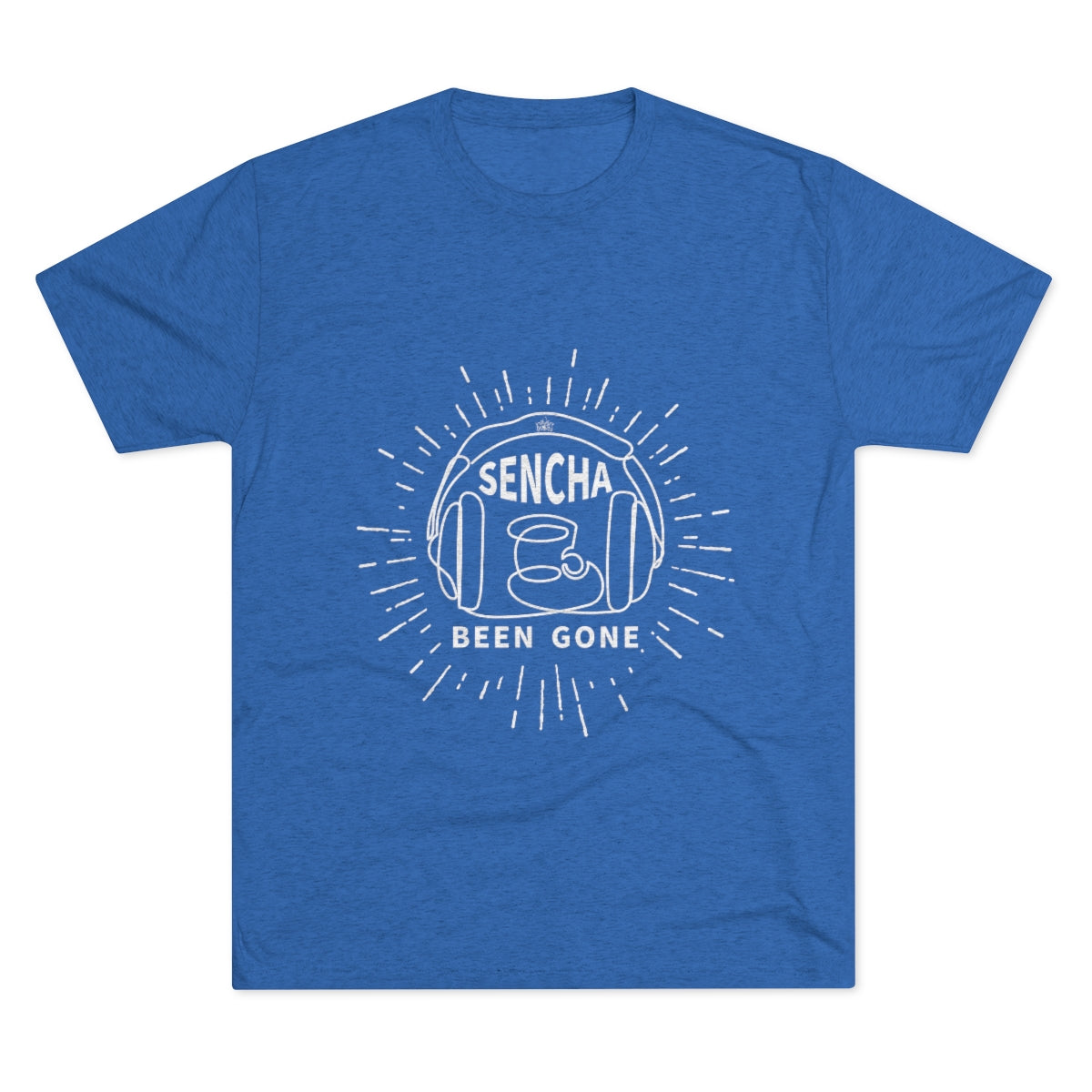 Blue graphic tee featuring "Sencha Been Gone" text and a coffee cup design with sunburst elements.