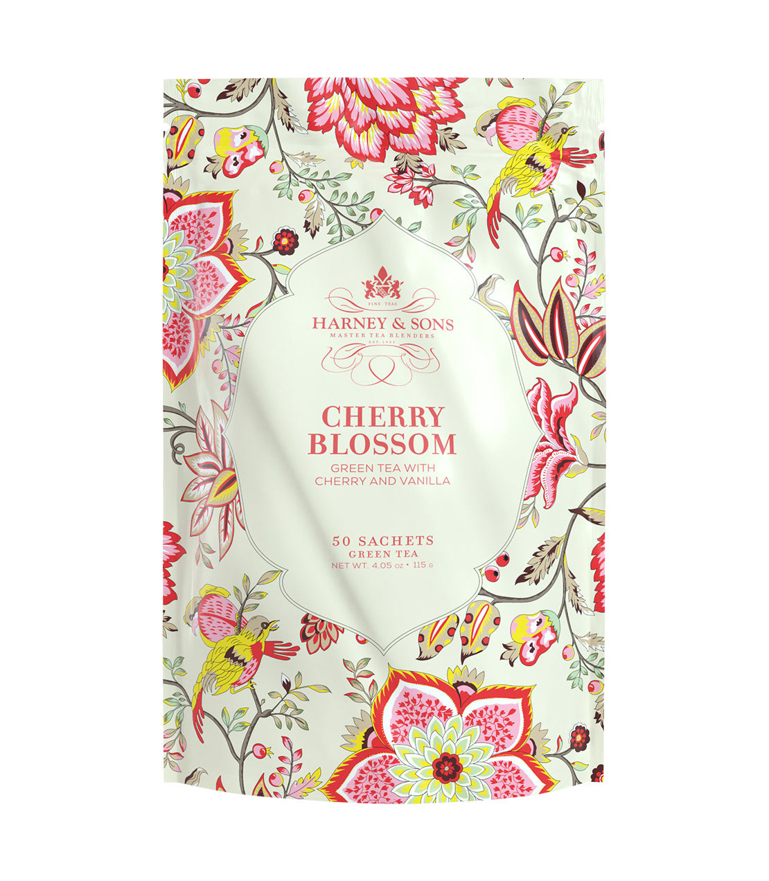 Harney & Sons Cherry Blossom tea sachets pack, featuring floral design, contains 50 green tea sachets with cherry and vanilla.