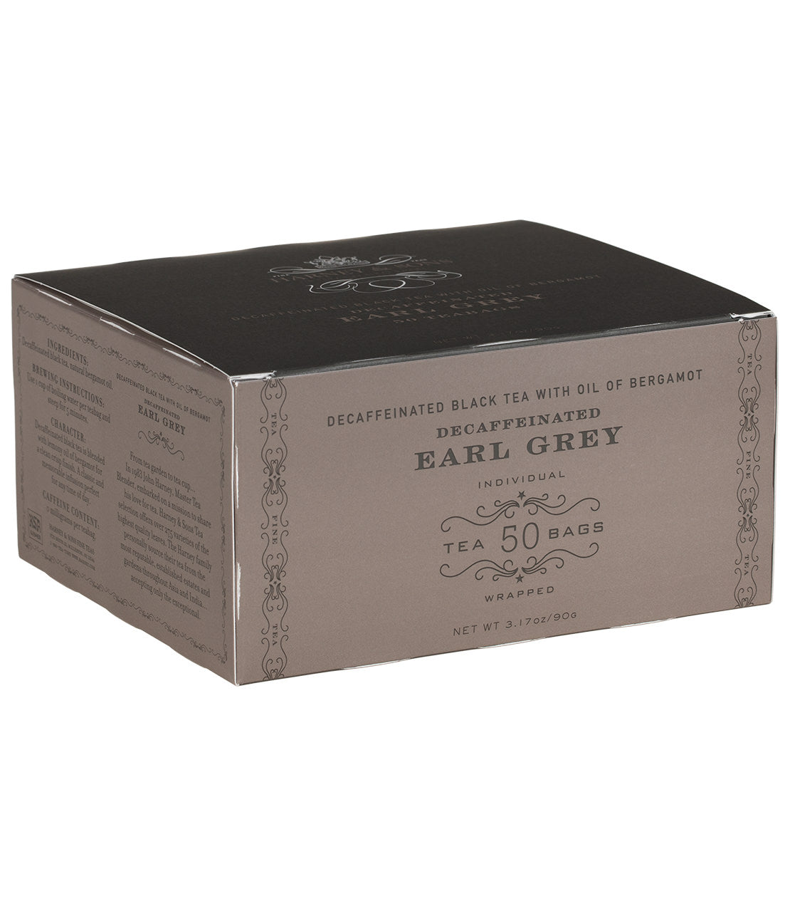 Decaf Earl Grey tea box featuring 50 individually wrapped bags, with a classic design and bergamot oil infusion.
