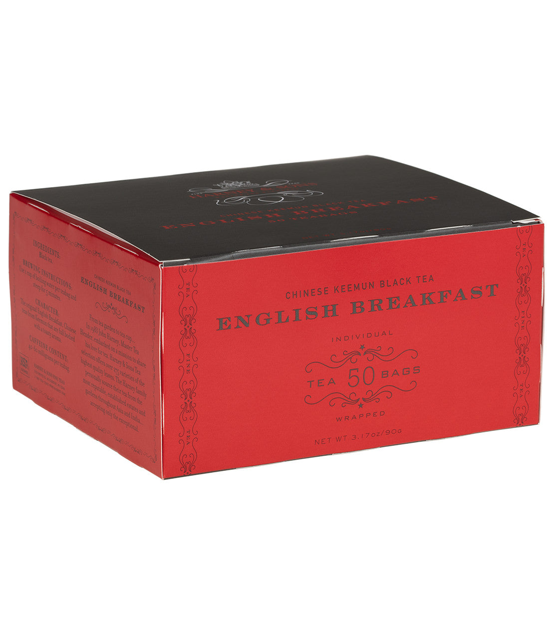Red box of English Breakfast tea featuring 50 individually wrapped bags, highlighting Chinese Keemun black tea.