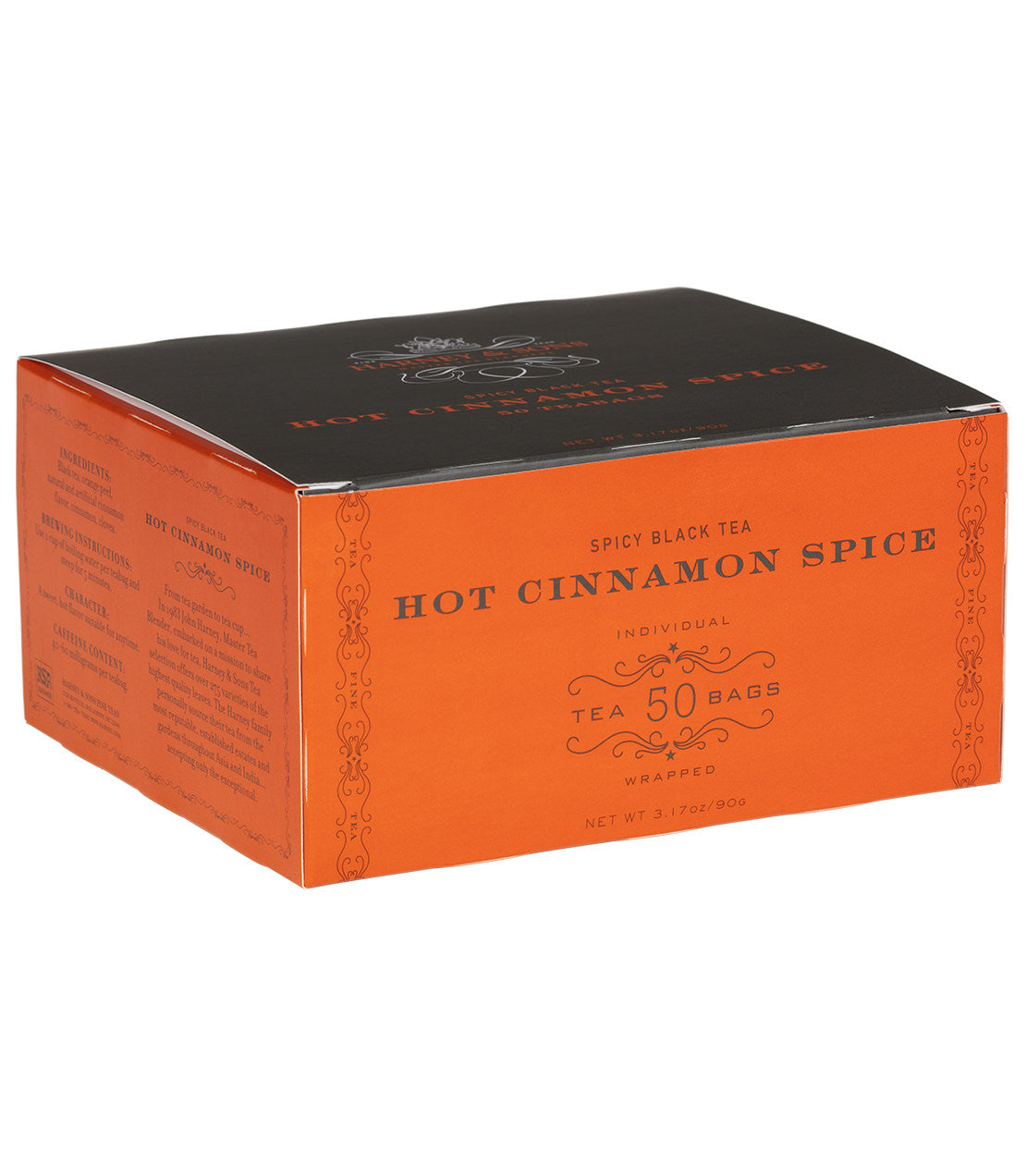 Box of 50 wrapped Hot Cinnamon Spice teabags, featuring a black and orange design. Perfect for a spicy tea experience.