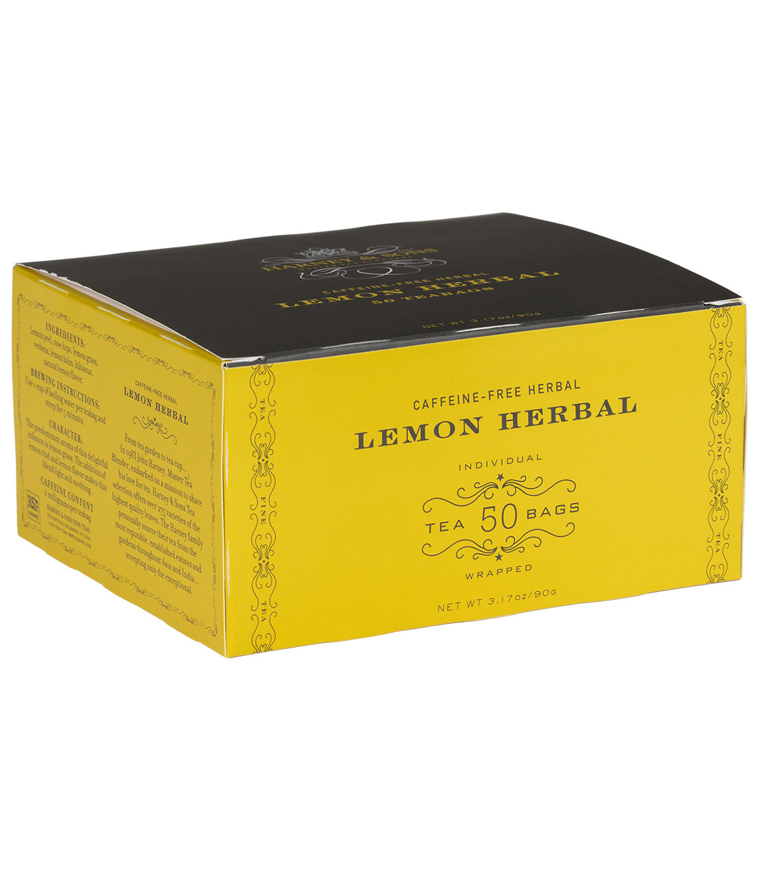 Box of 50 wrapped Lemon Herbal teabags, caffeine-free, featuring a vibrant yellow and black design.