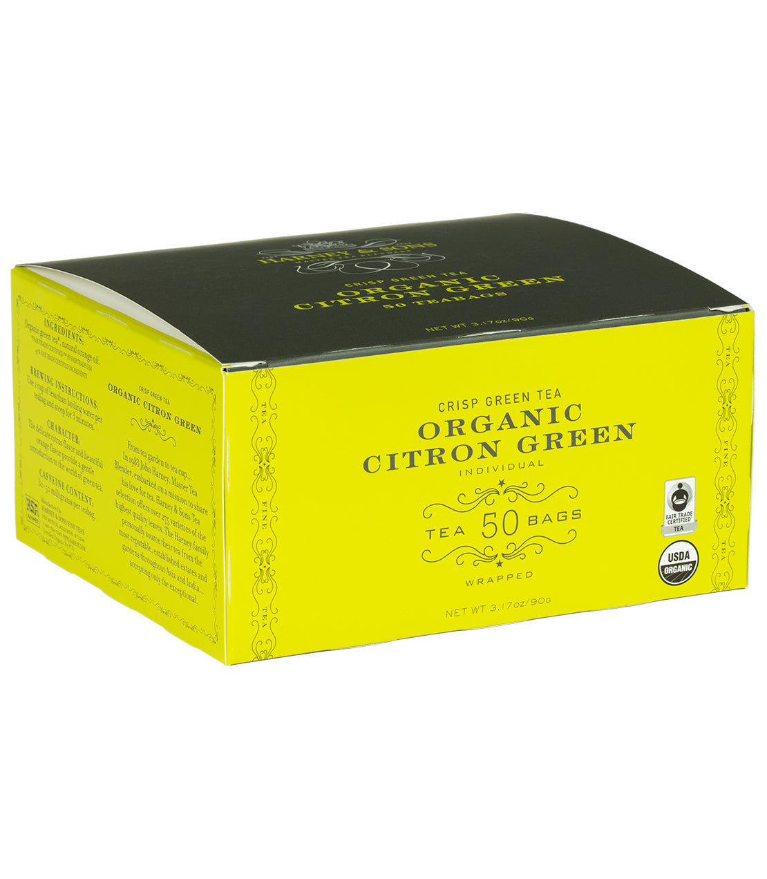 Box of 50 wrapped Organic Citron Green teabags, featuring bright yellow packaging and USDA organic label.