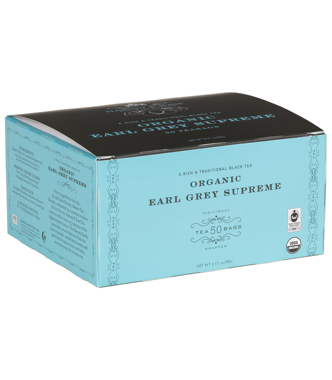 Box of 50 wrapped Organic Earl Grey Supreme teabags, featuring a blue design and USDA organic certification.