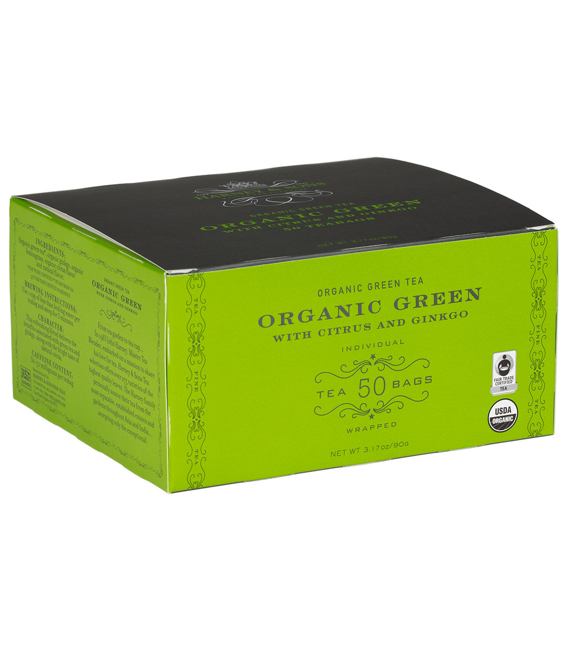 Box of Organic Green Tea with Citrus & Ginkgo, containing 50 individually wrapped tea bags.