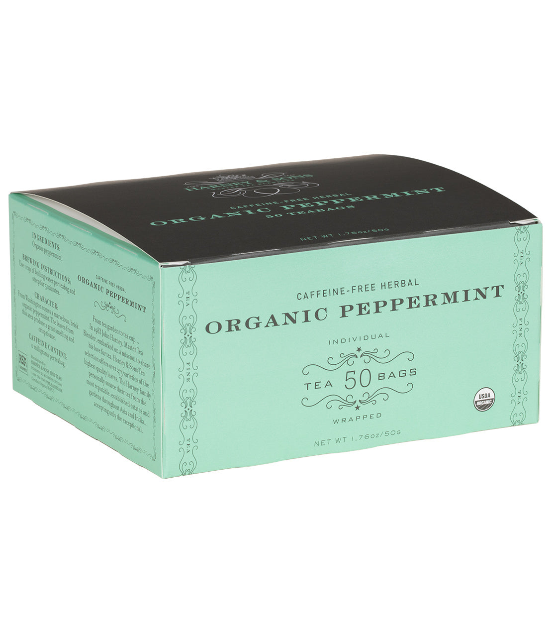 Organic Peppermint Herbal Tea, box of 50 wrapped teabags, caffeine-free, soothing and refreshing flavor.