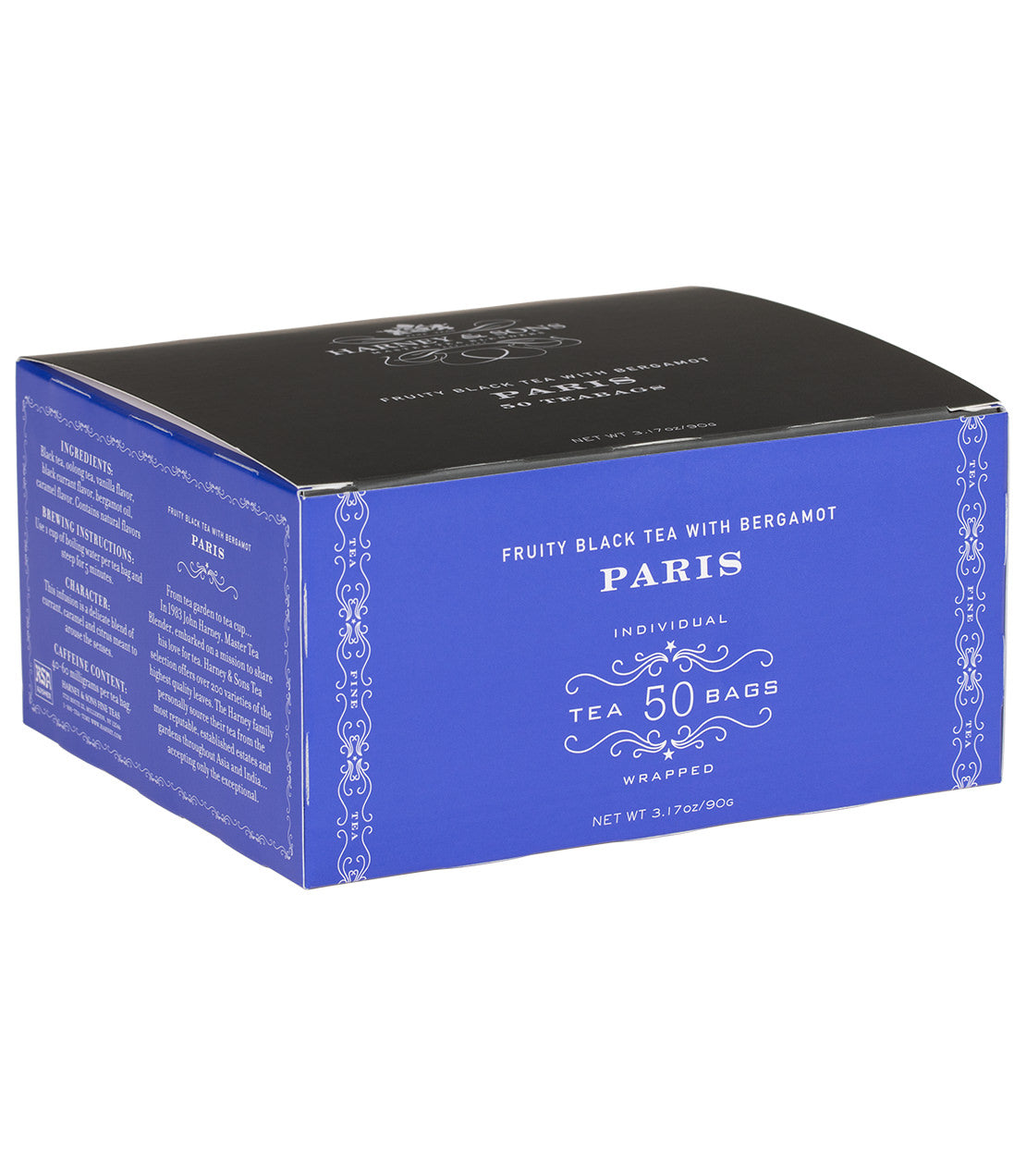 Box of 50 wrapped teabags labeled "Paris," featuring fruity black tea with bergamot.