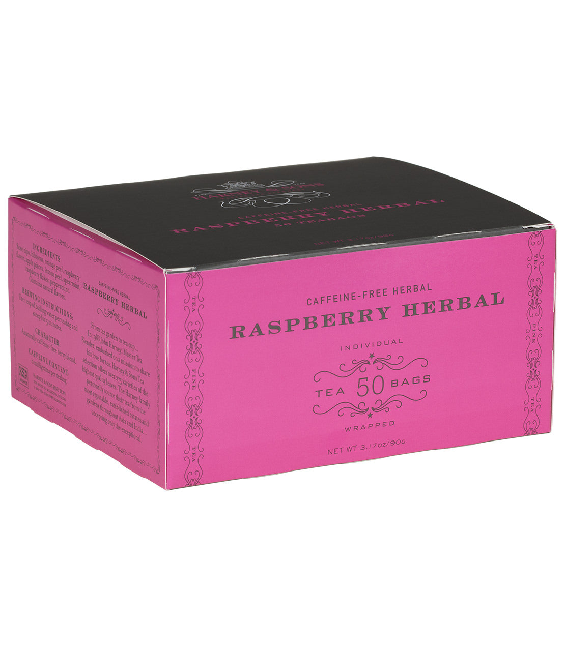 Box of 50 wrapped Raspberry Herbal teabags, caffeine-free, featuring a vibrant pink design. Perfect for tea lovers.