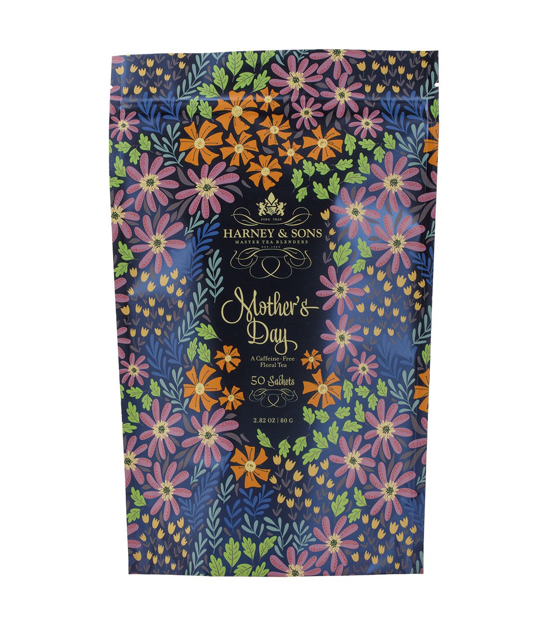 Colorful tea packaging for Mother's Day by Harney & Sons, featuring floral designs and the text "Mother's Day.