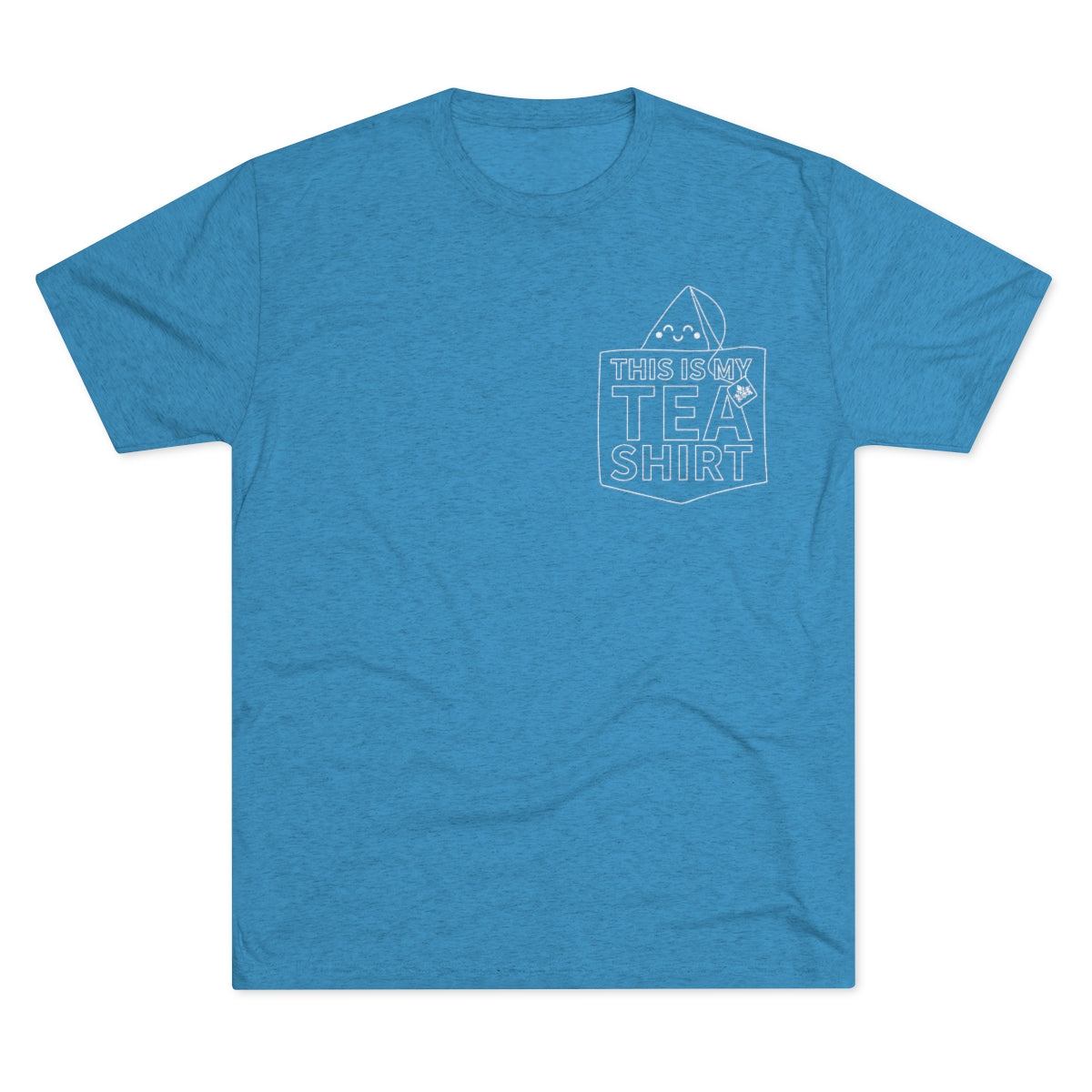 Blue graphic tee featuring the text "This Is My Tea Shirt" with a mountain design on the front pocket area.