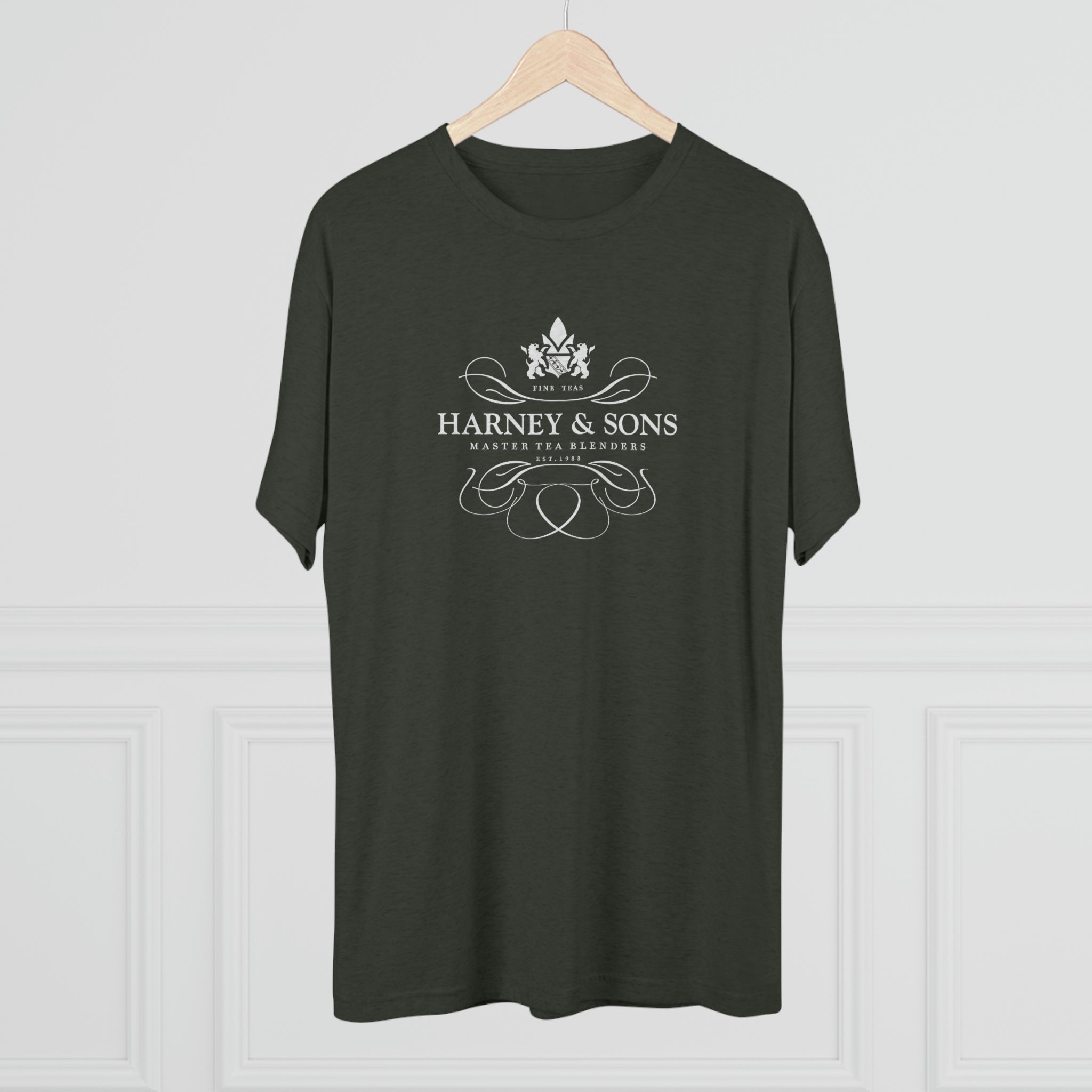 Dark green graphic tee featuring the Harney & Sons logo, showcasing elegant design and branding.