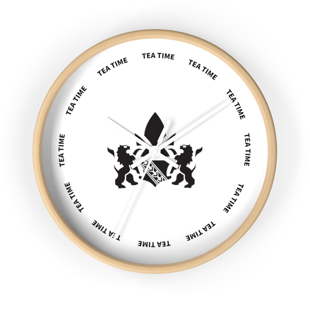 Stylish wall clock featuring a tea time theme with black lion graphics and wooden frame.