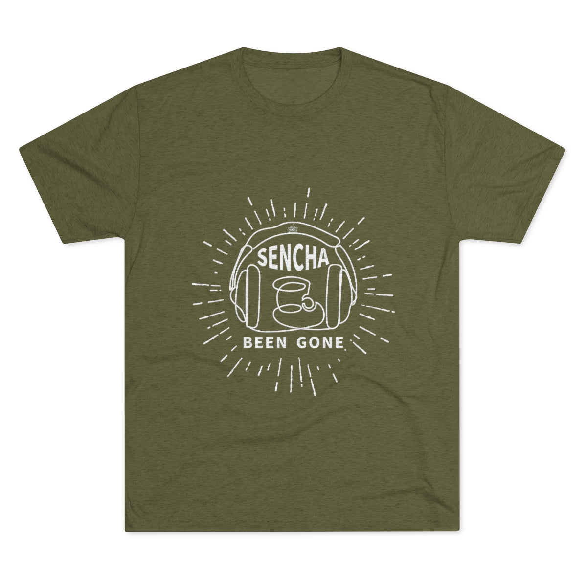 Olive green graphic tee featuring "Sencha Been Gone" text and a coffee cup design with sunburst elements.
