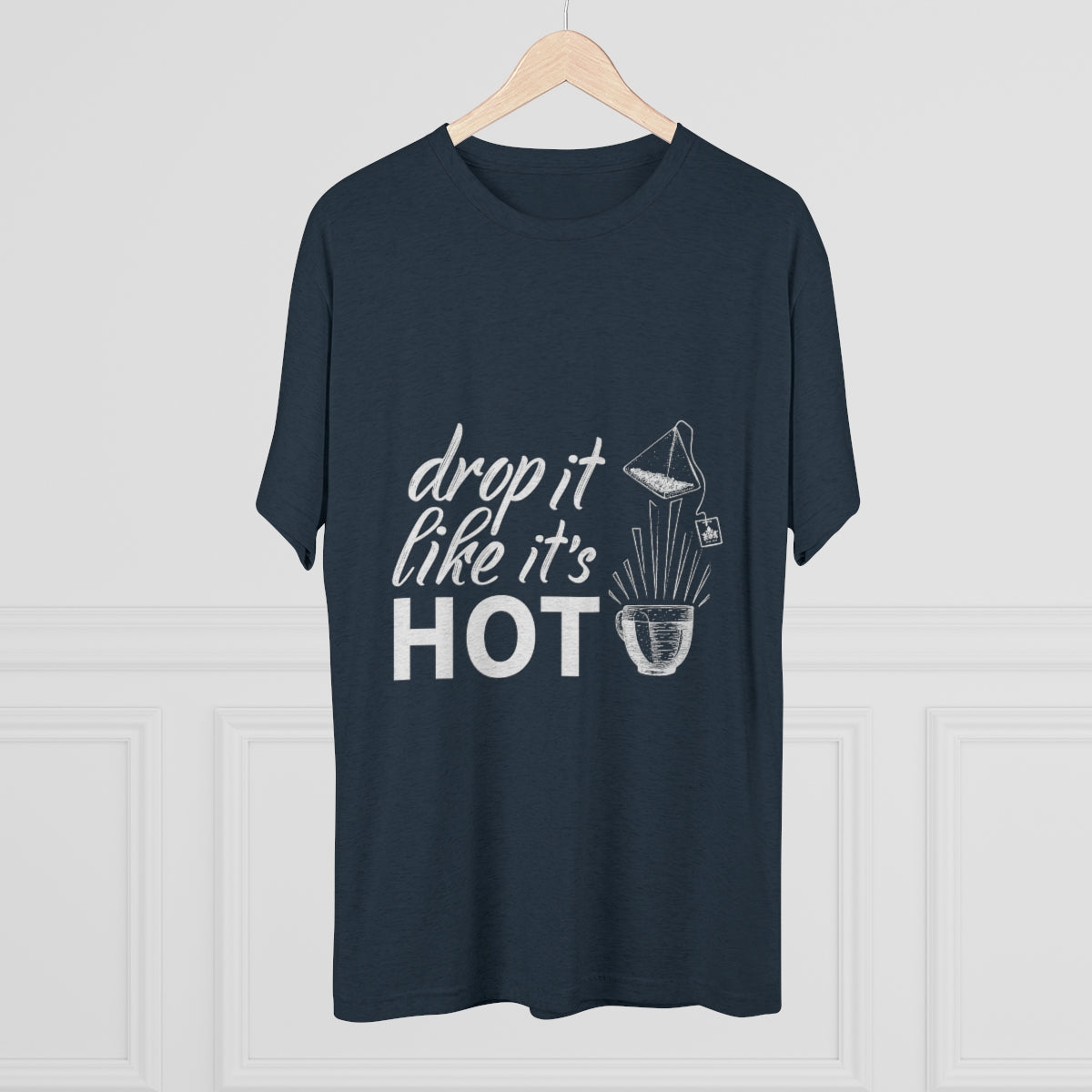Navy graphic tee featuring the phrase "drop it like it's HOT" with a playful design of a pot and steam.