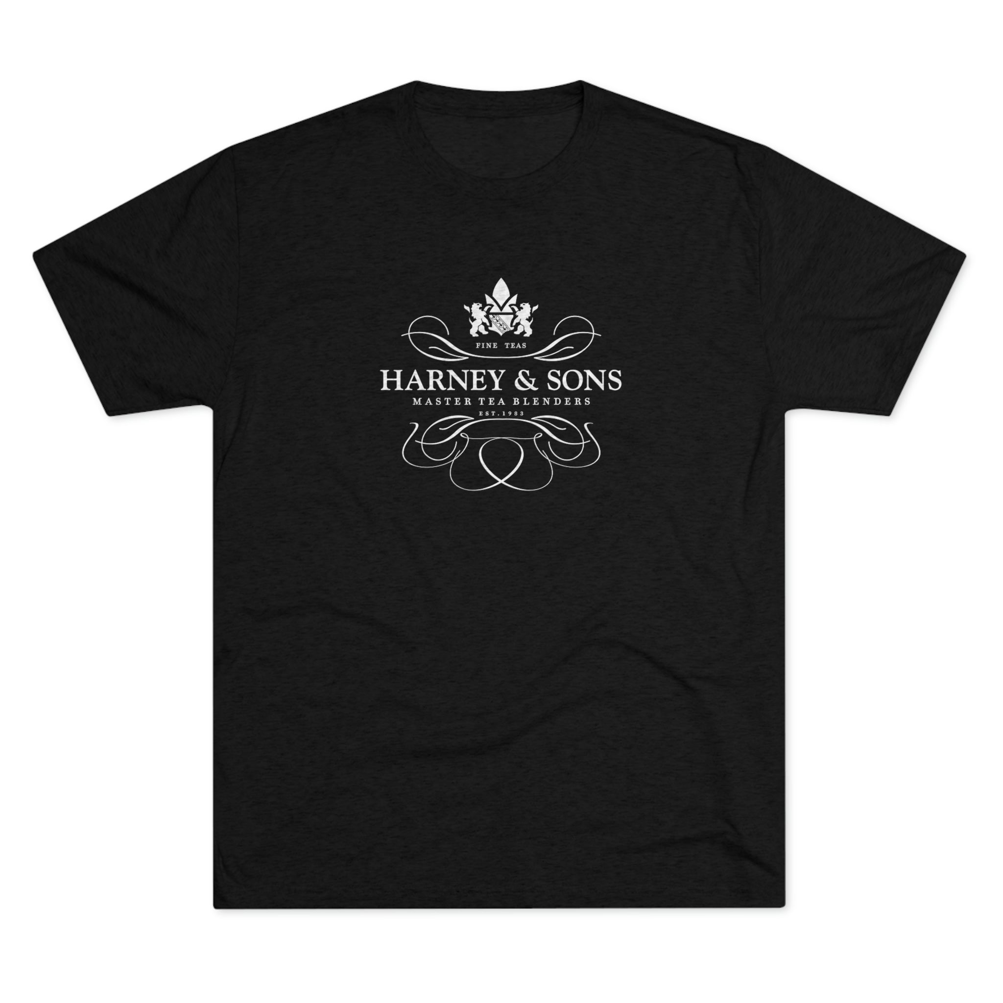 Black graphic tee featuring the Harney & Sons logo with elegant design elements and "Masters Tea Blenders" text.