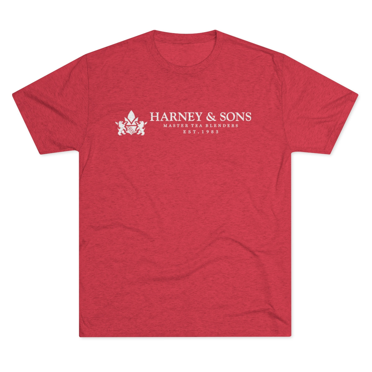Red graphic tee featuring "Harney & Sons Master Tea Blenders Est. 1983" in white text. Perfect for tea enthusiasts.