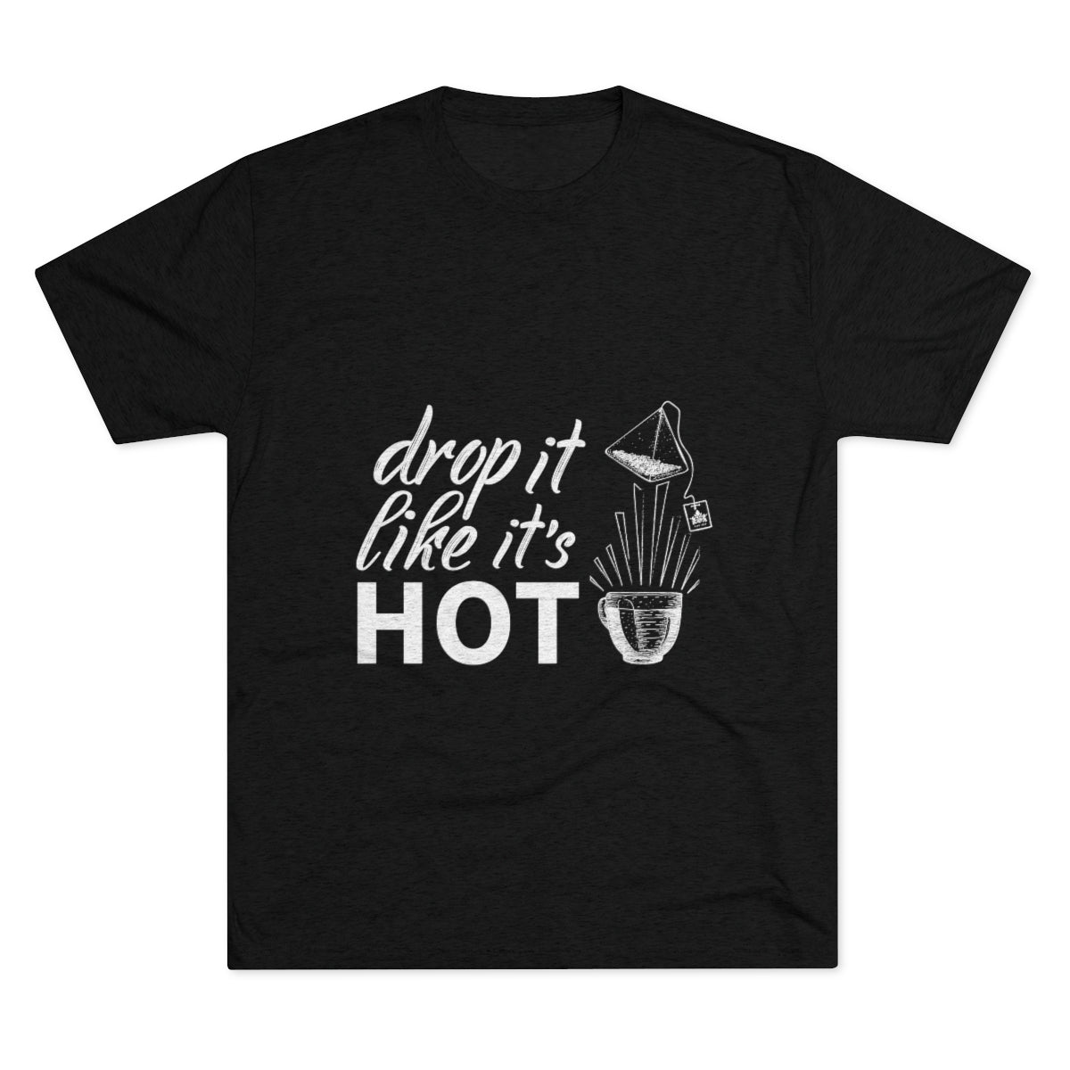 Black graphic tee featuring the phrase "drop it like it's HOT" with a stylized image of a gramophone.