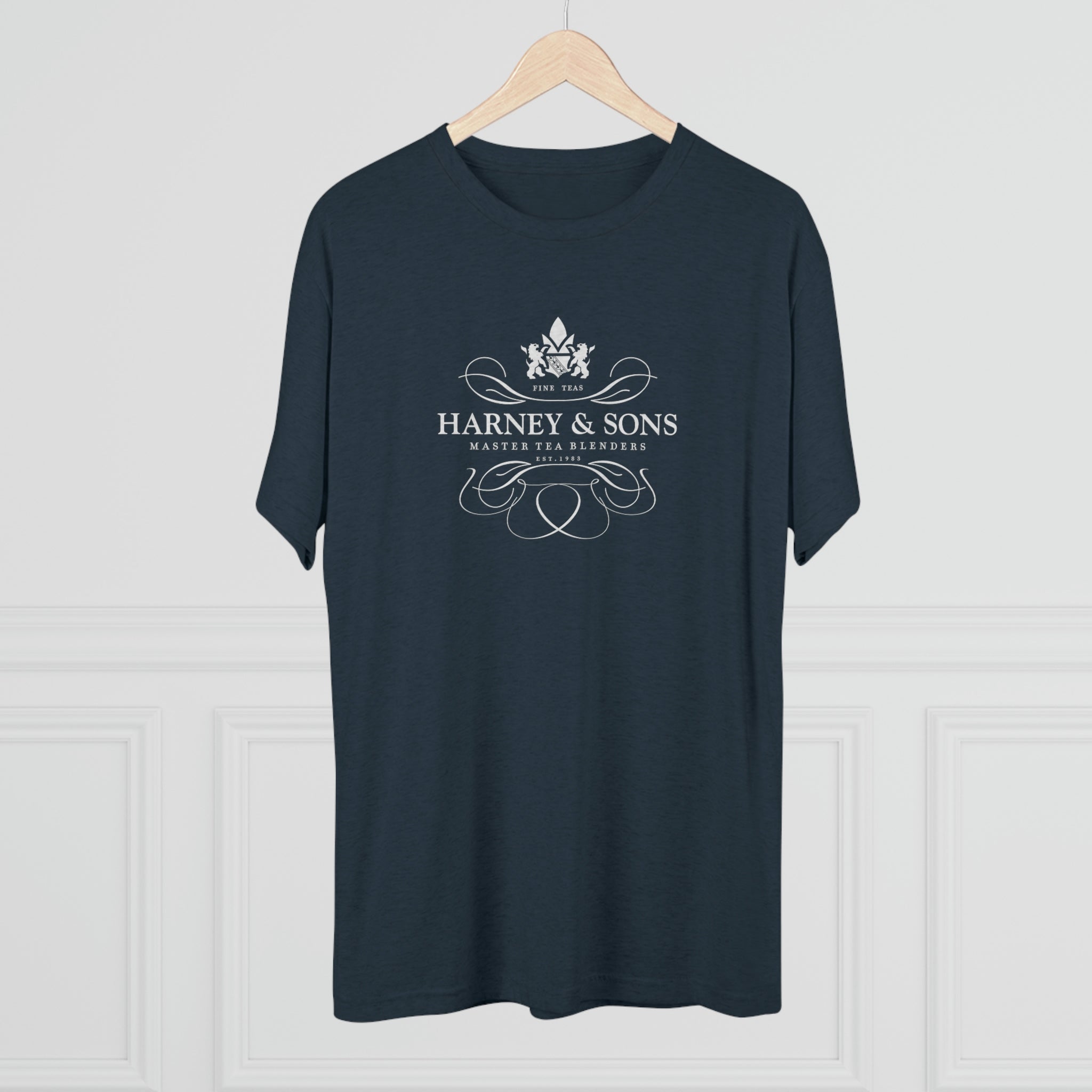 Harney & Sons logo graphic tee in navy blue, featuring elegant design and soft fabric. Perfect for tea lovers.