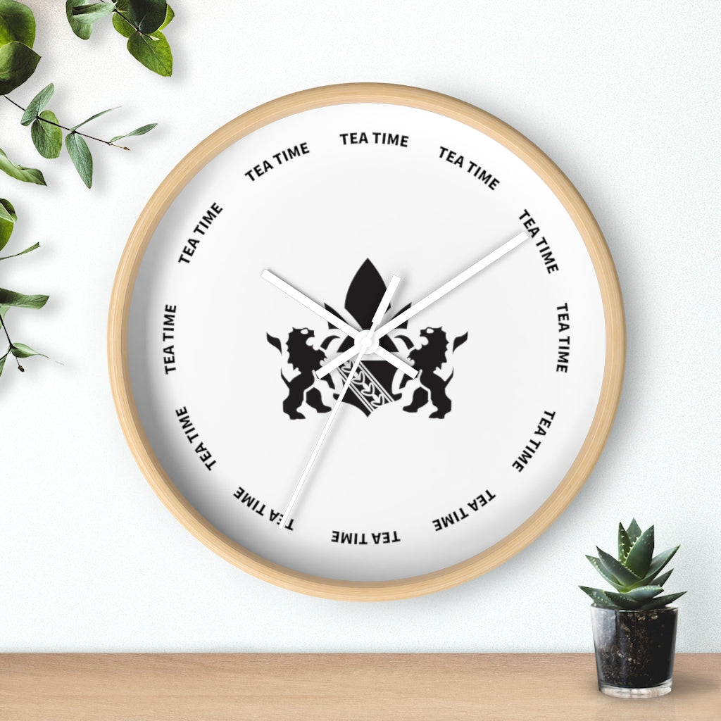 Stylish wall clock with a wooden frame, featuring a tea time theme and lion graphics on a white background.