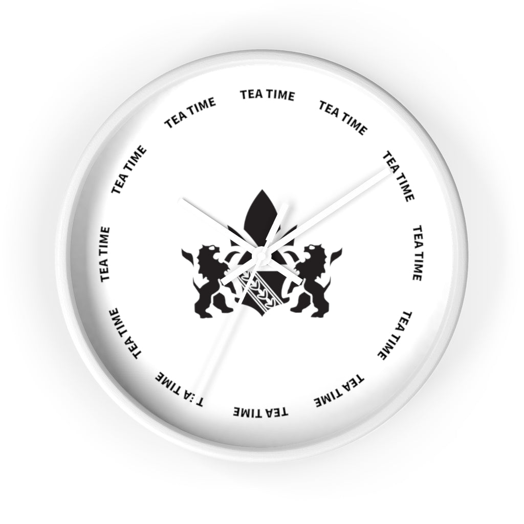 White wall clock featuring a central design with two lions and "TEA TIME" text around the face.