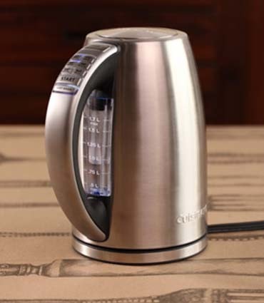 Cuisinart PerfecTemp® stainless steel cordless electric kettle with a clear water level indicator.