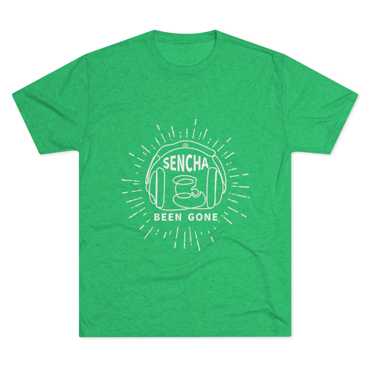 Green graphic tee featuring the text "Sencha Been Gone" with a circular design and sunburst elements.