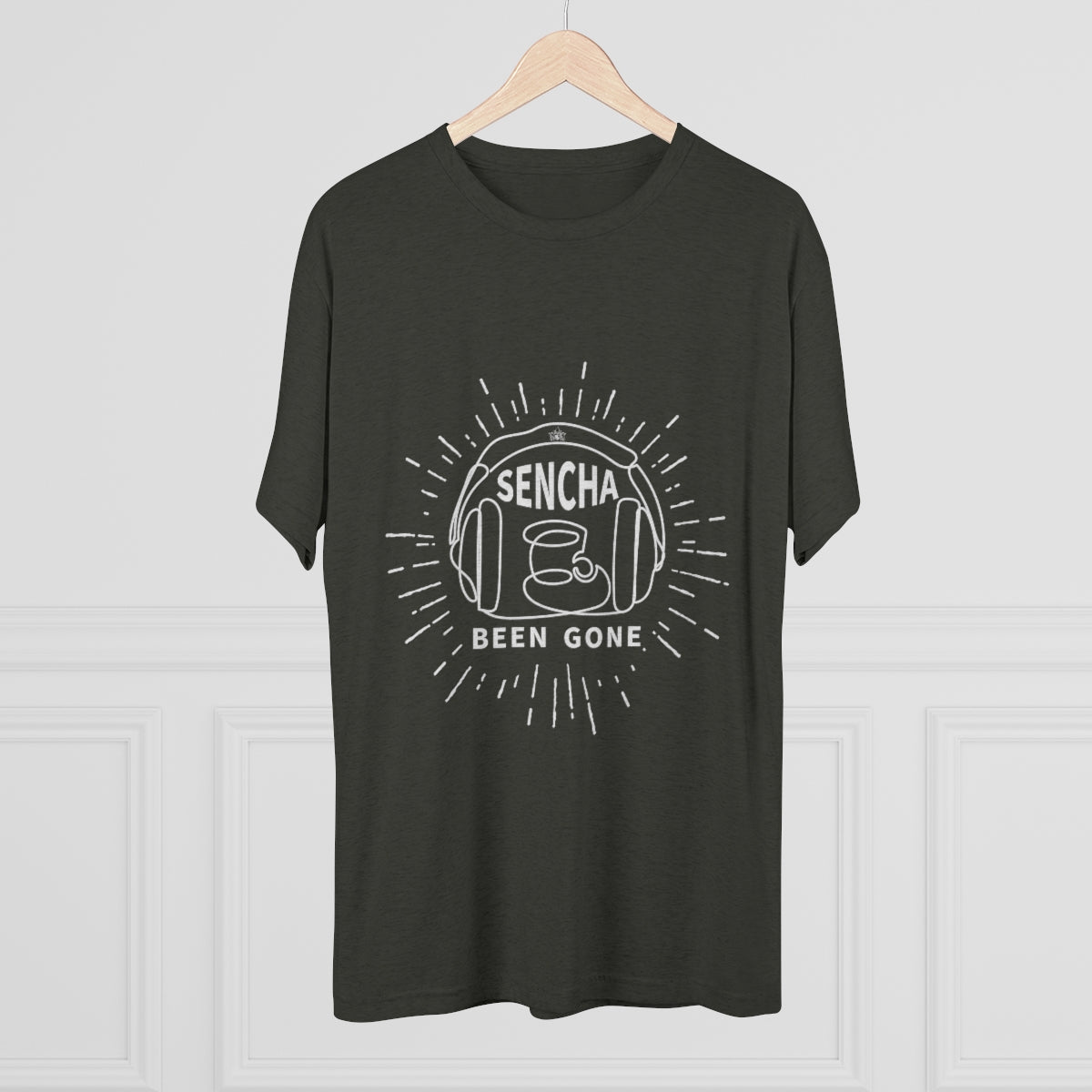Dark green graphic tee featuring "Sencha Been Gone" text and a tea cup design with radiating lines.