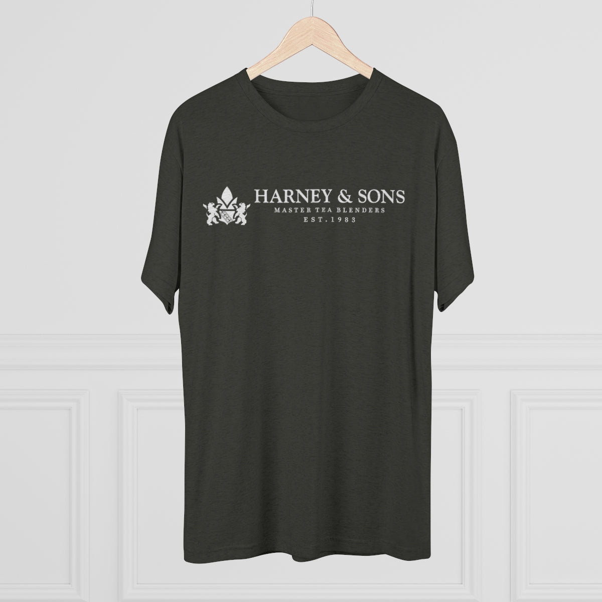 Dark green graphic tee featuring "Harney & Sons Master Tea Blenders Est. 1983" in white text.