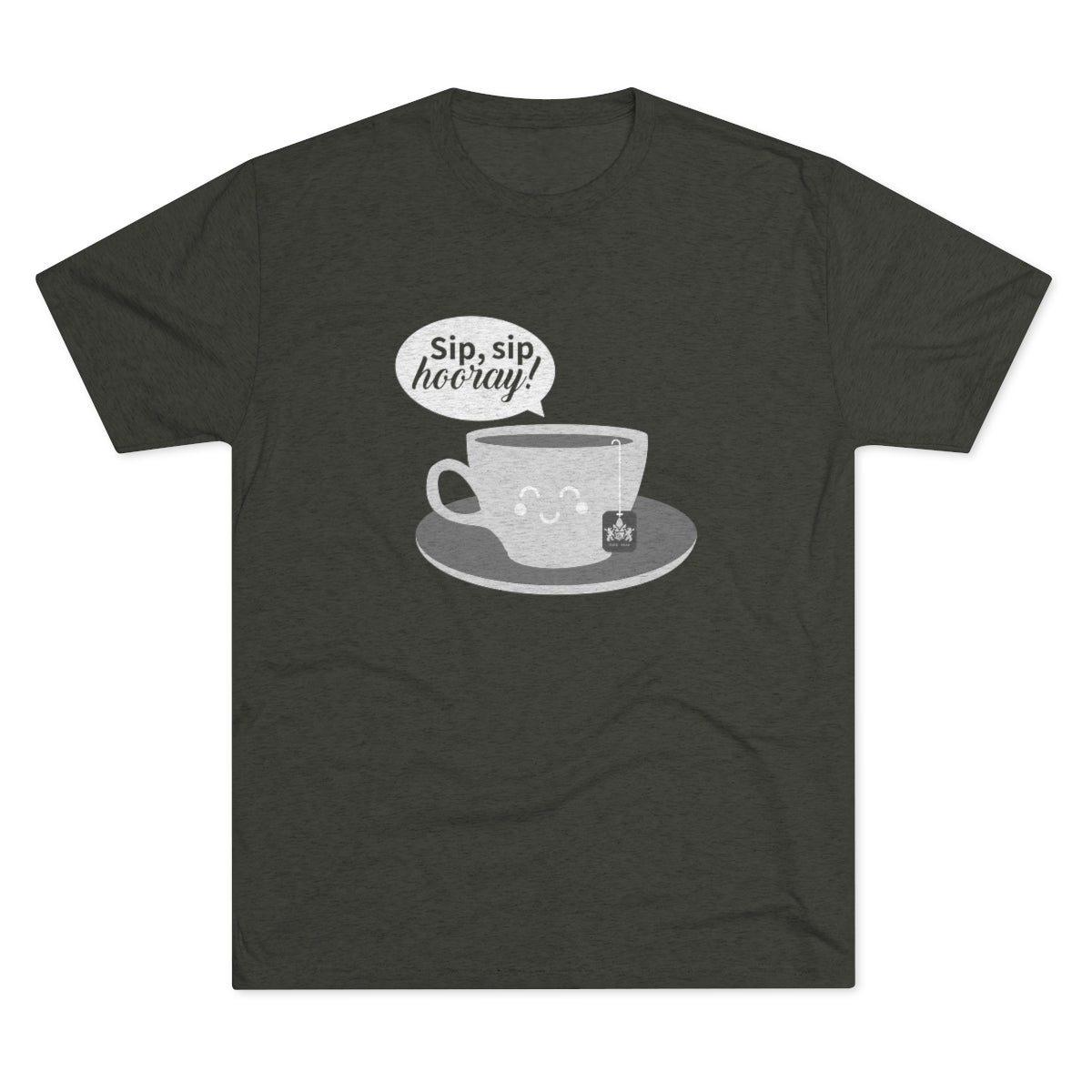 Green graphic tee featuring a smiling cup with the text "Sip, sip hooray!" and a tea bag on a saucer.